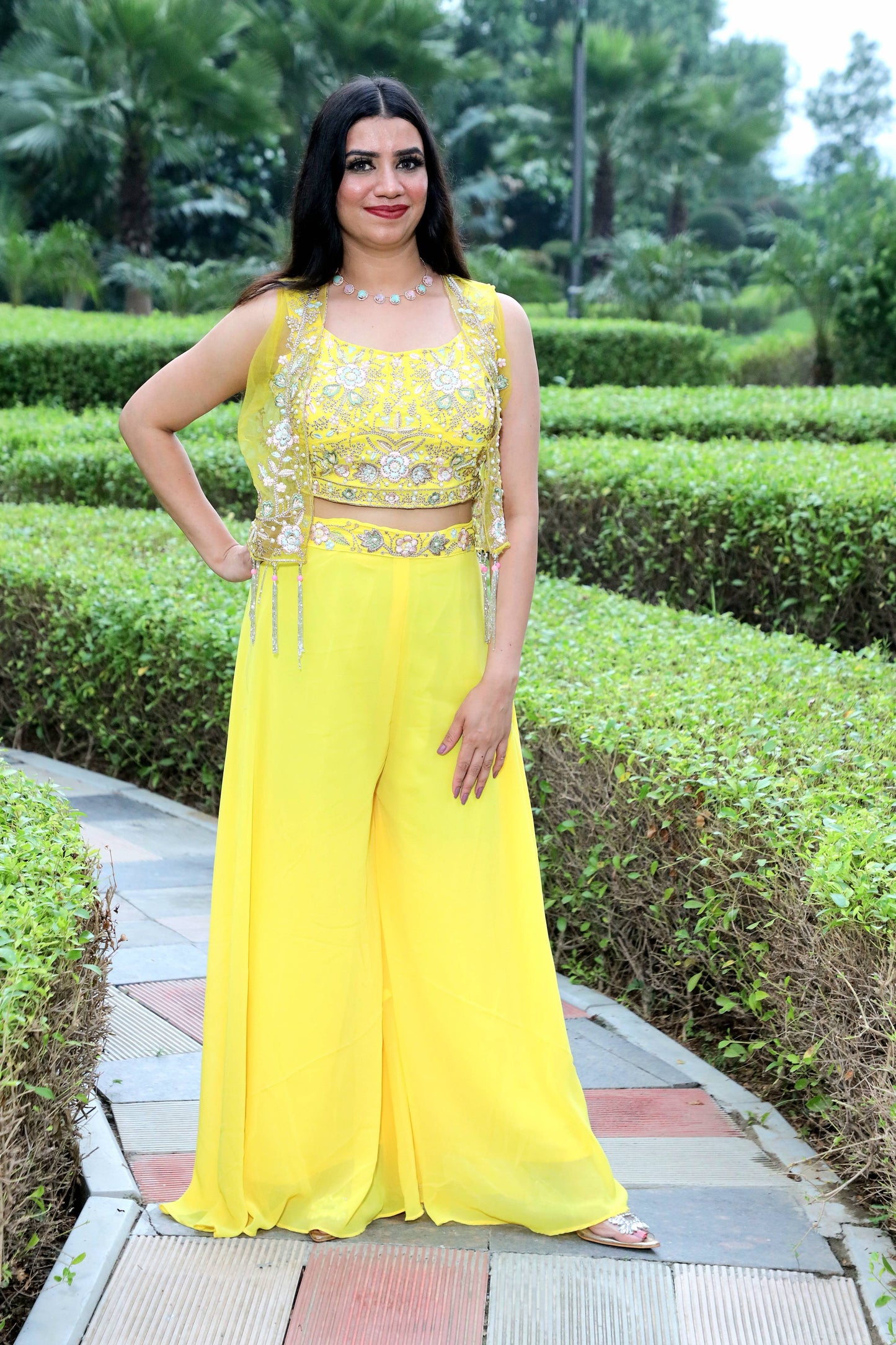 Yellow Colour Moti Work Crop Top with Palazzo & Jacket