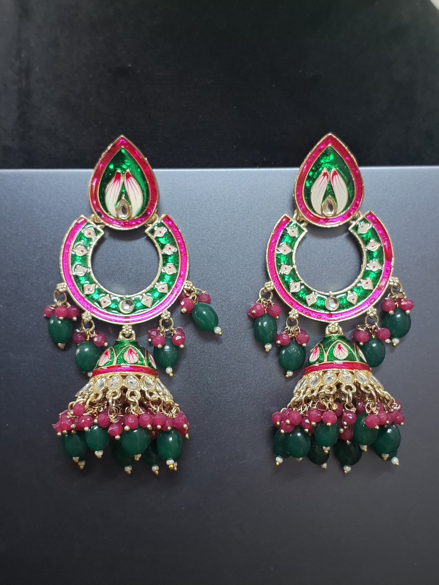 Green & Pink colour heavy Jhumka Earring