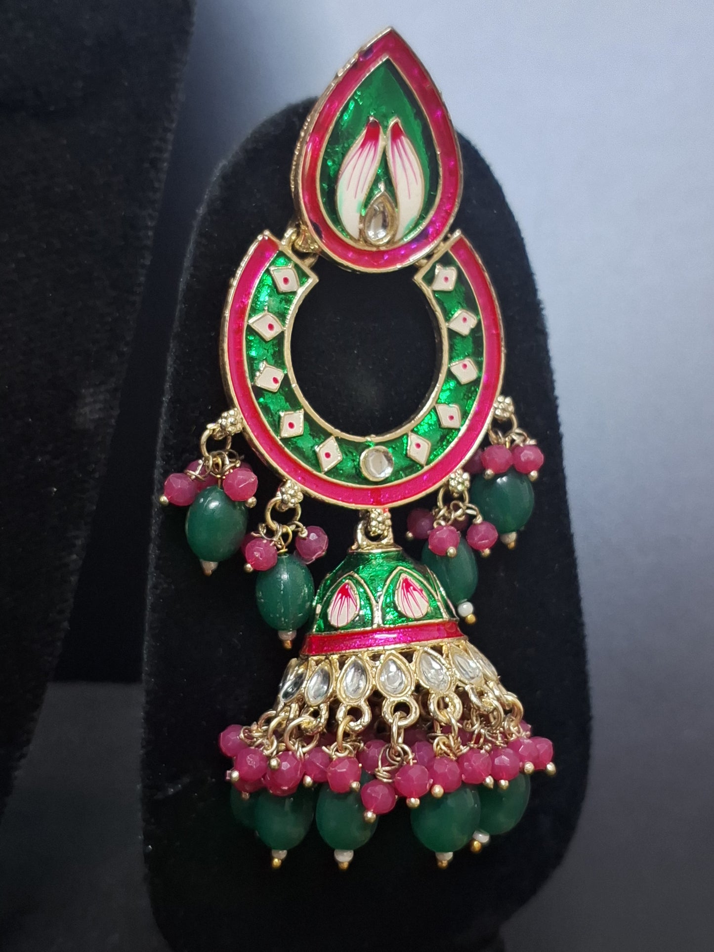 Green & Pink colour heavy Jhumka Earring