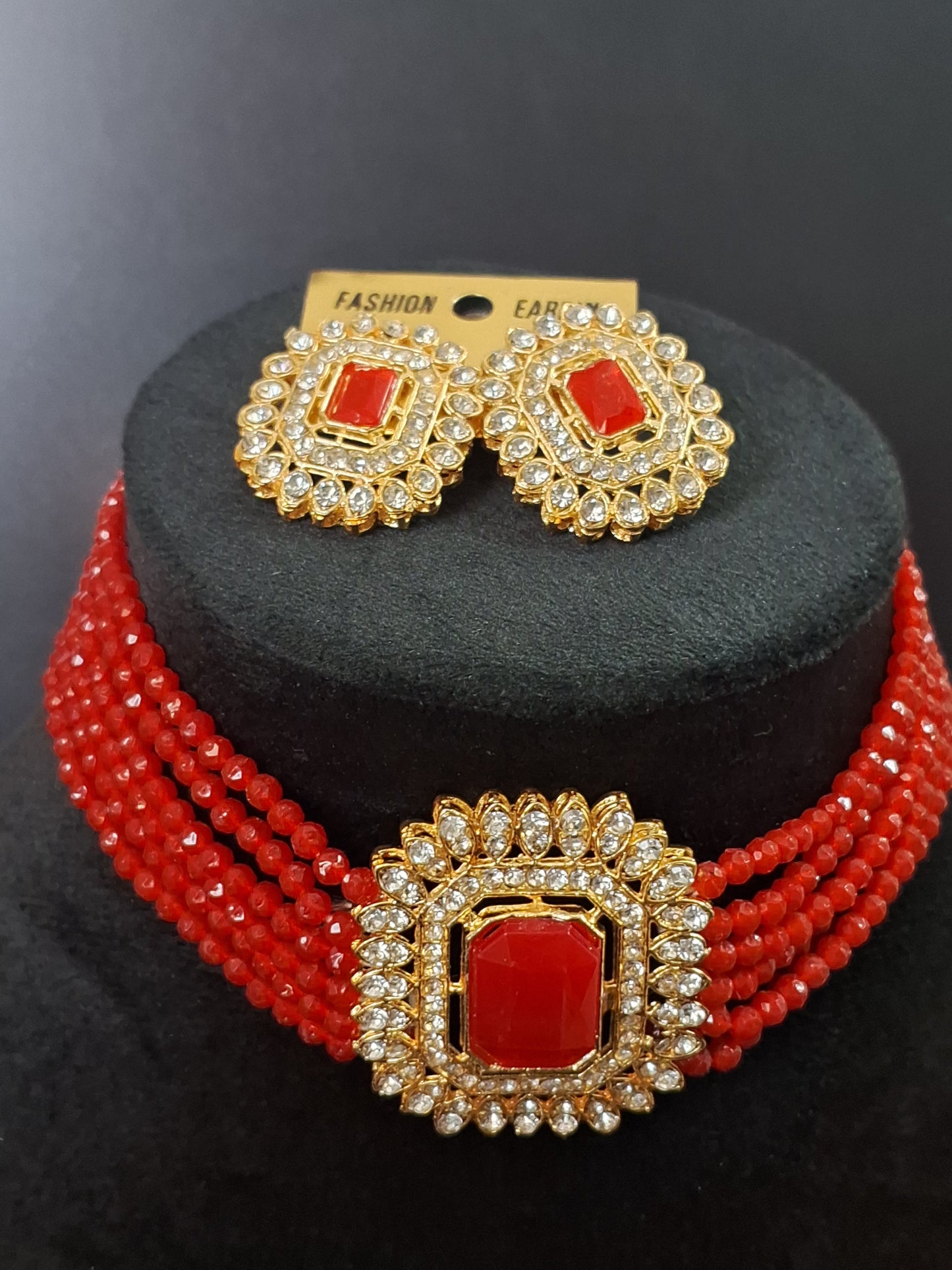 Red Colour Choker Necklace with Earring