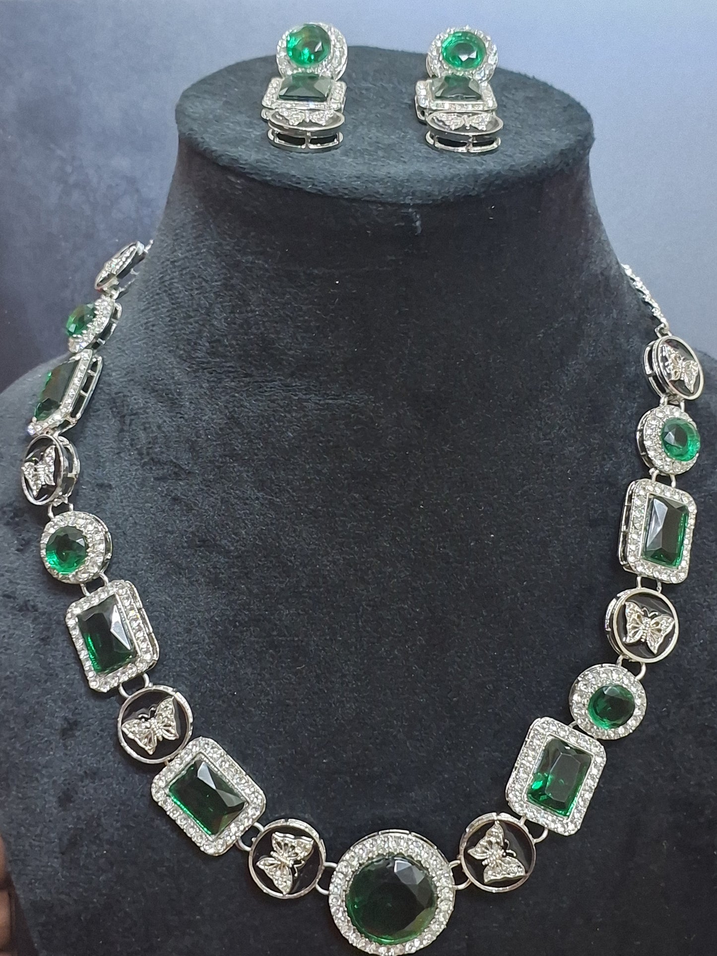 Green Colour Diamond work Pendant Necklace with Earring