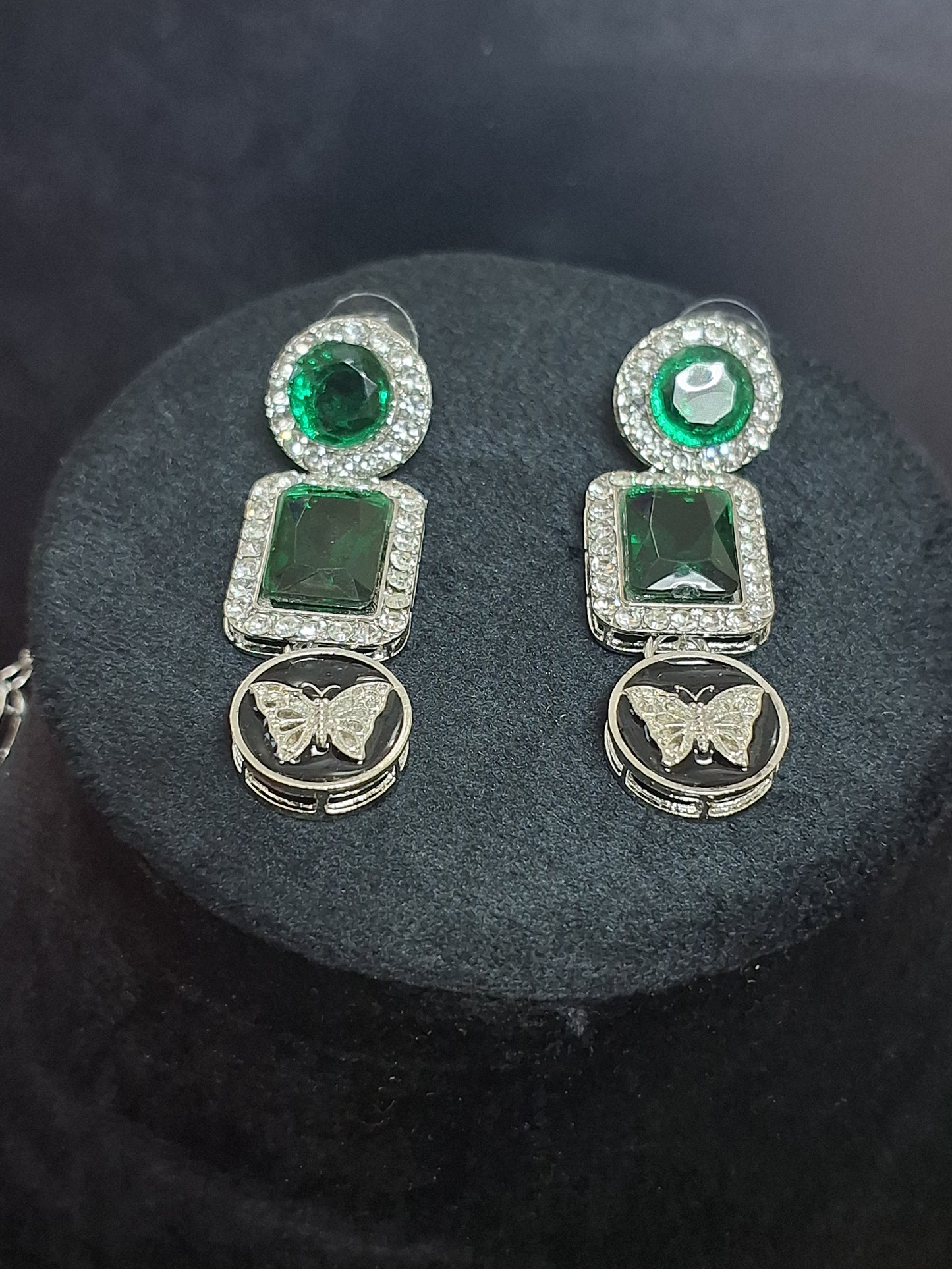 Green Colour Diamond work Pendant Necklace with Earring