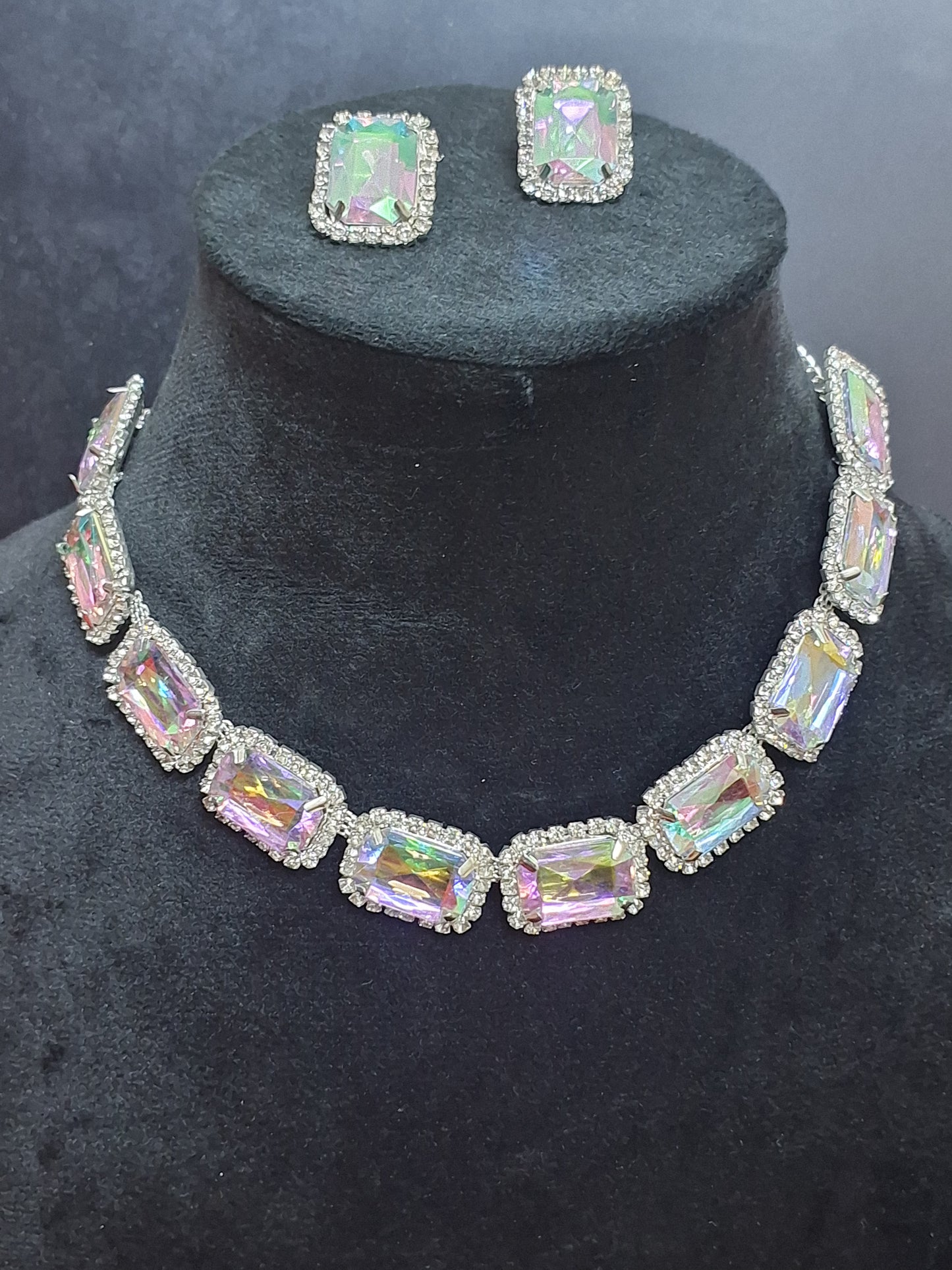 Silver Multi Colour Shine Kundan Necklace with Earring