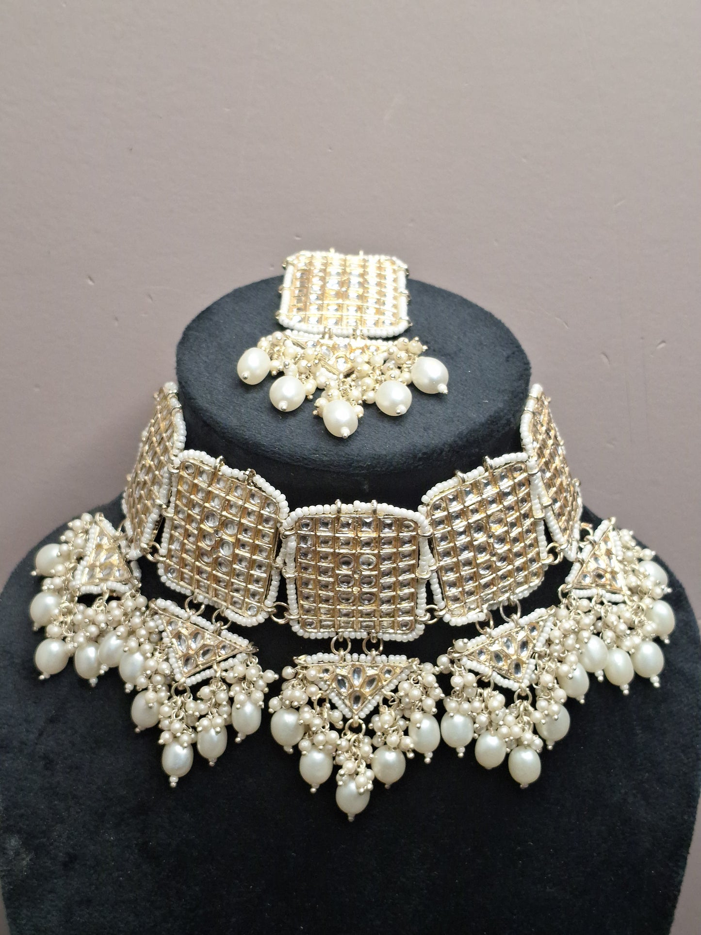 White Colour Gold Plated Pearl Choker Necklace with Earring & Maang Tikka