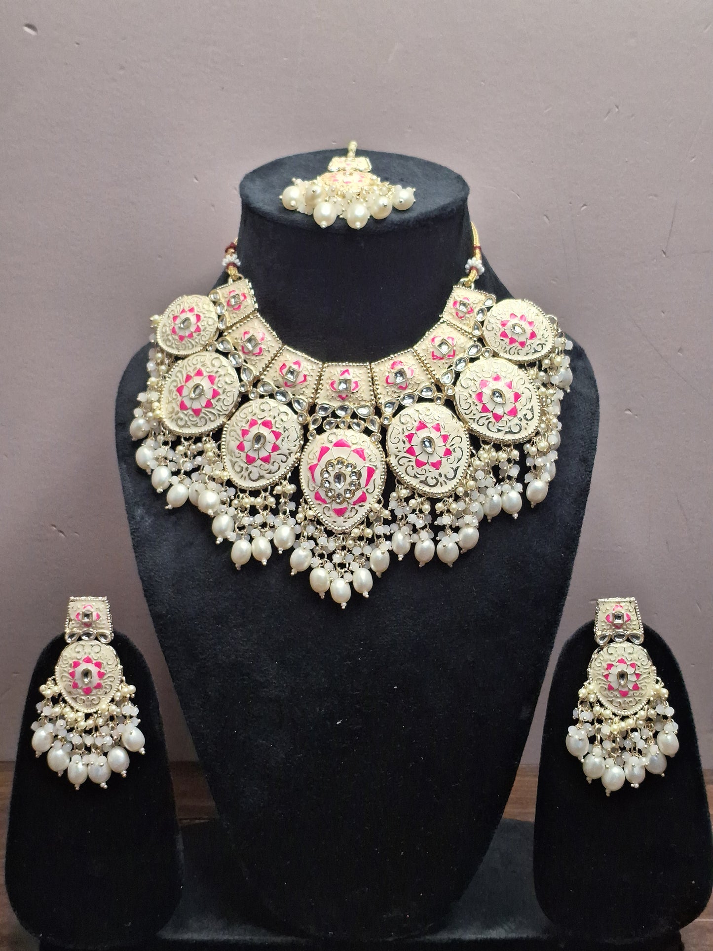 Pink & White colour Silver Plated MeenaKari Necklace with Earring & Maang Tikka