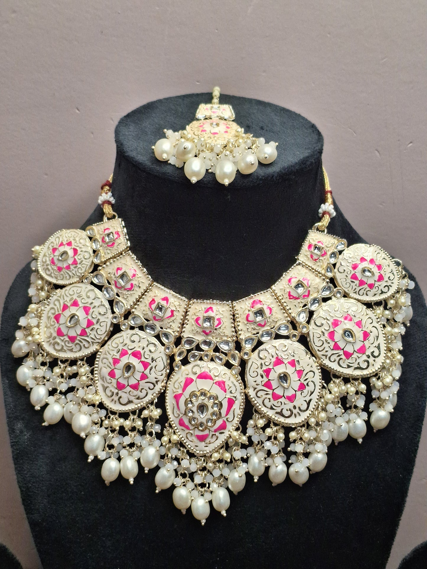 Pink & White colour Silver Plated MeenaKari Necklace with Earring & Maang Tikka