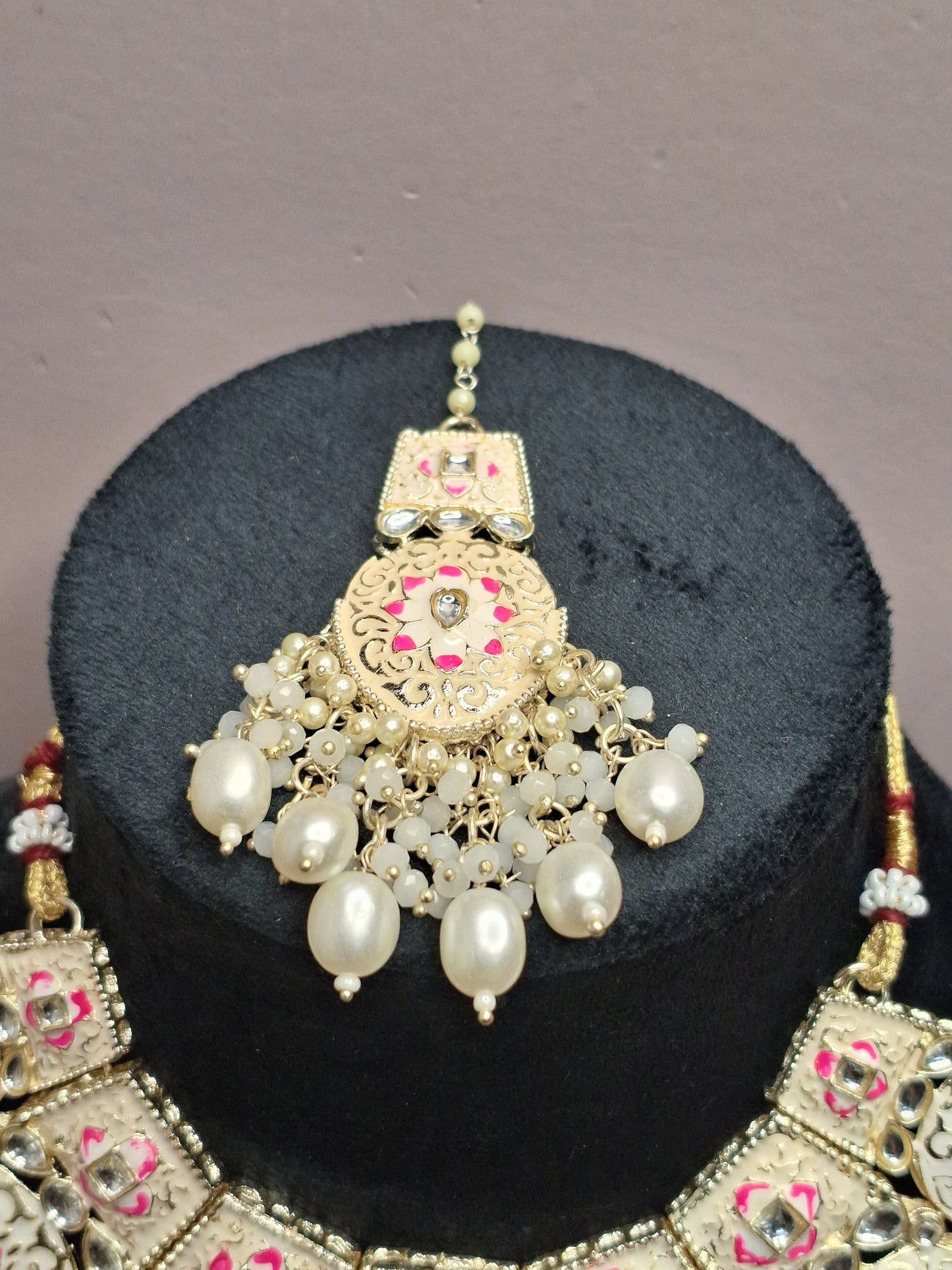 Pink & White colour Silver Plated MeenaKari Necklace with Earring & Maang Tikka