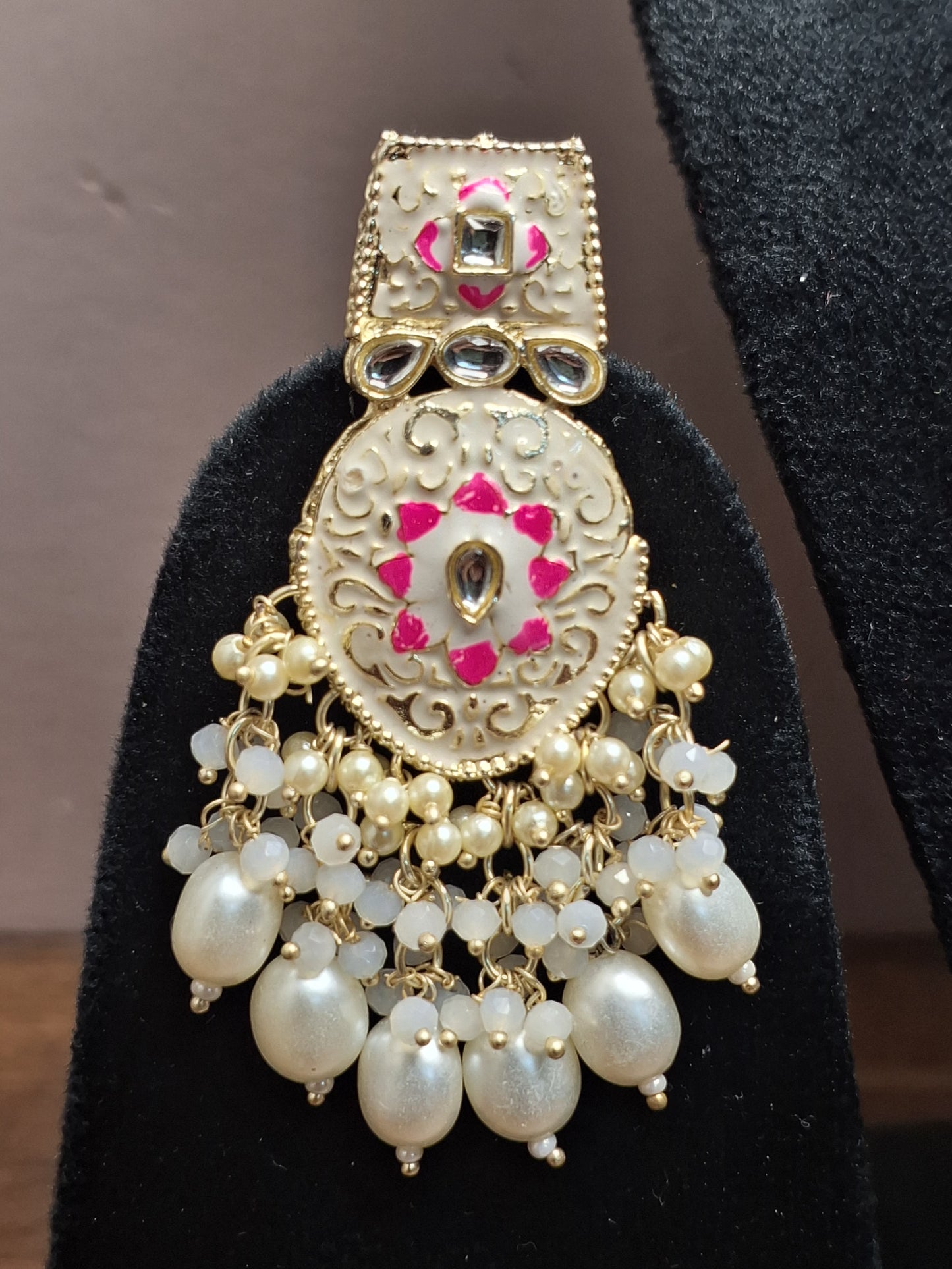 Pink & White colour Silver Plated MeenaKari Necklace with Earring & Maang Tikka