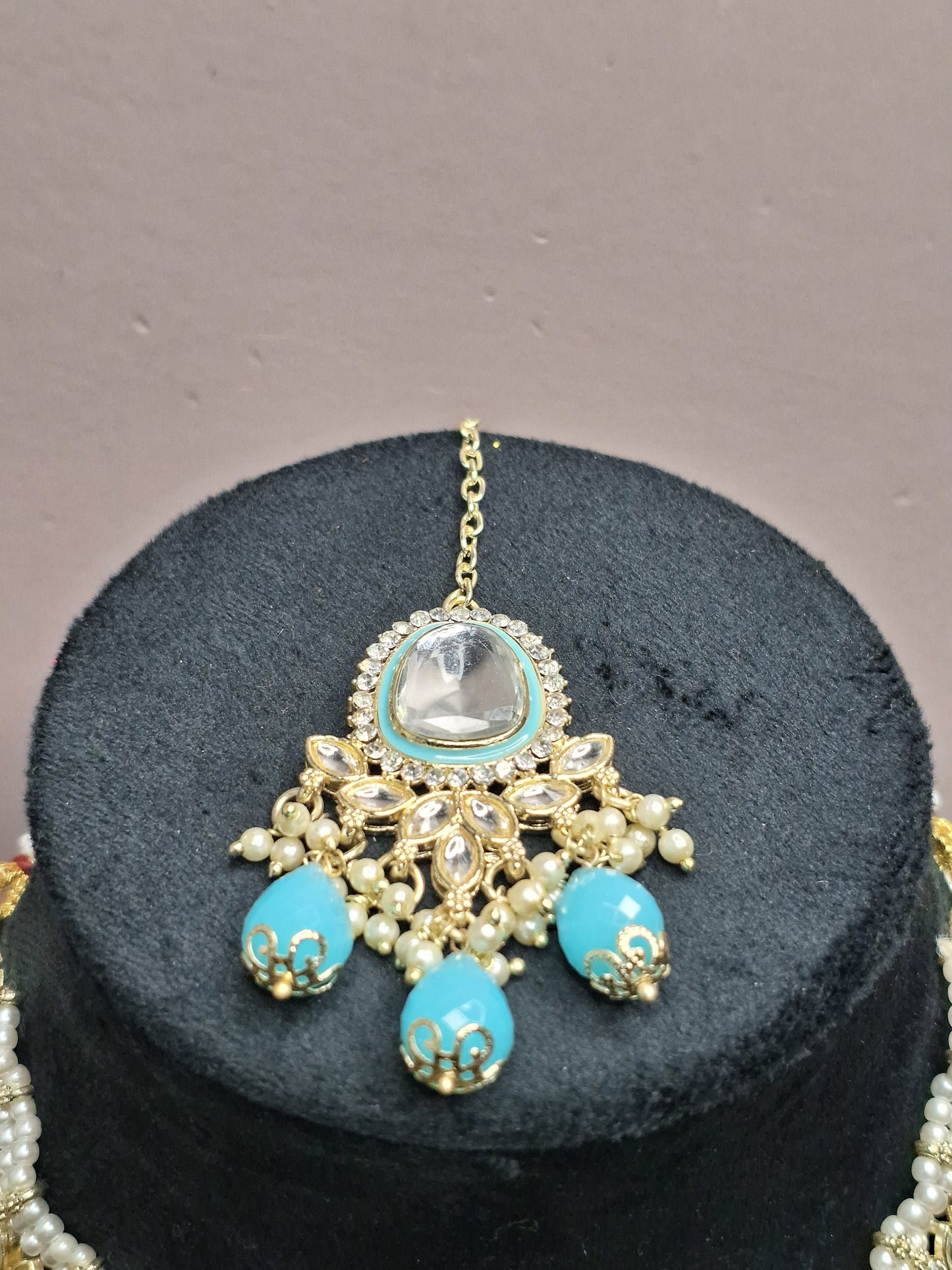 Sea Blue Colour Kundan Necklace with Earring & Maang Tikka