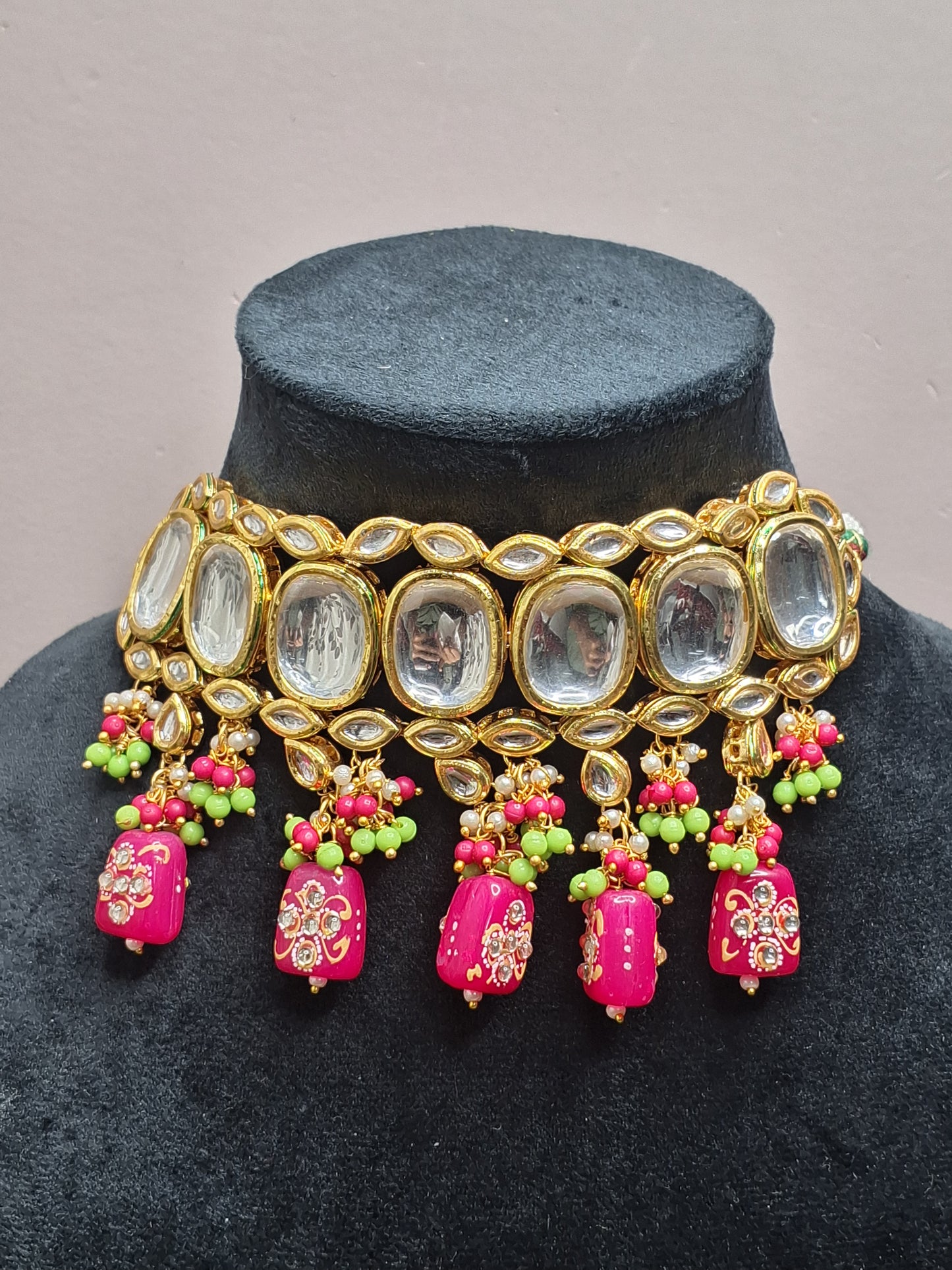 Pink Colour Gold Plated Kundan Necklace with Earring