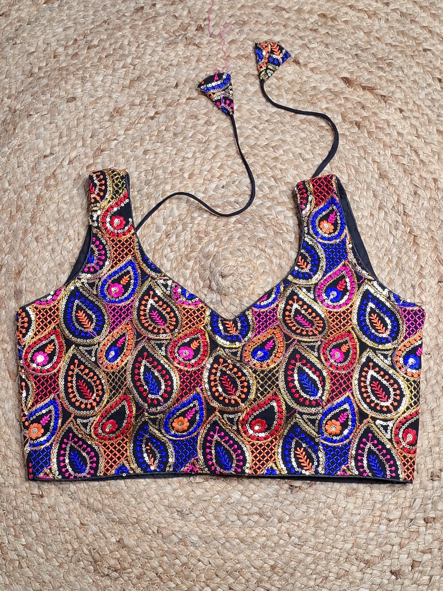 Black Colour Designer Women Padded Blouse with Multi Colour Thread & Sequence work and Sleeve Attached (36 Inch Bust Size)
