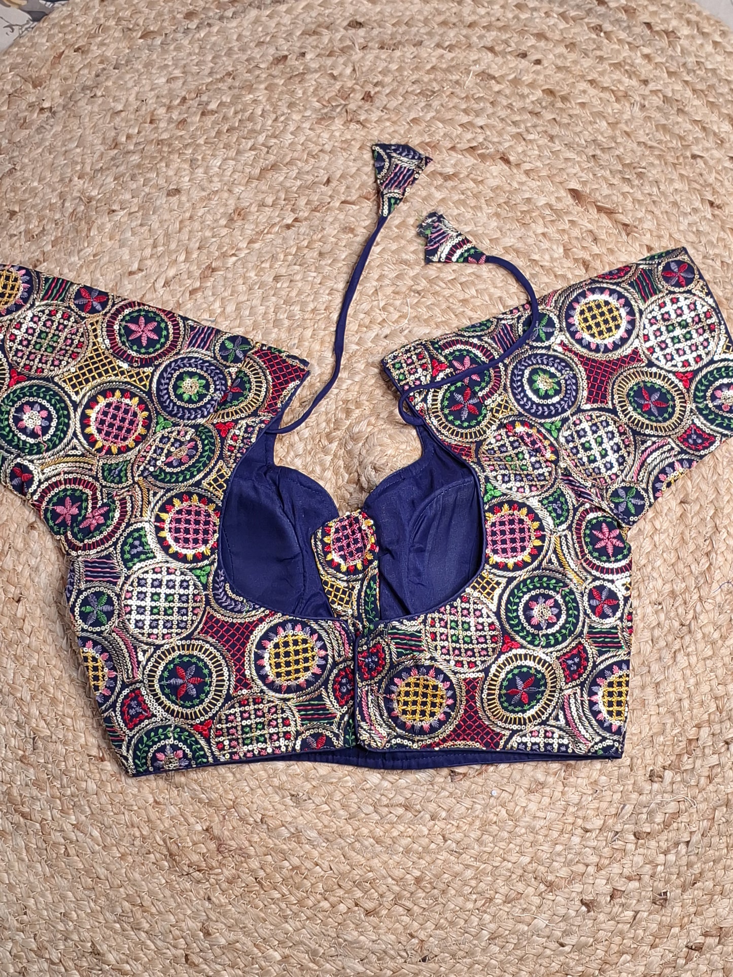 Navy Blue Colour Designer Women Padded Blouse with Multi Colour Thread & Sequence work (40 Inch Bust Size with 2 Inch Margin both side, customer can alter as per their need)