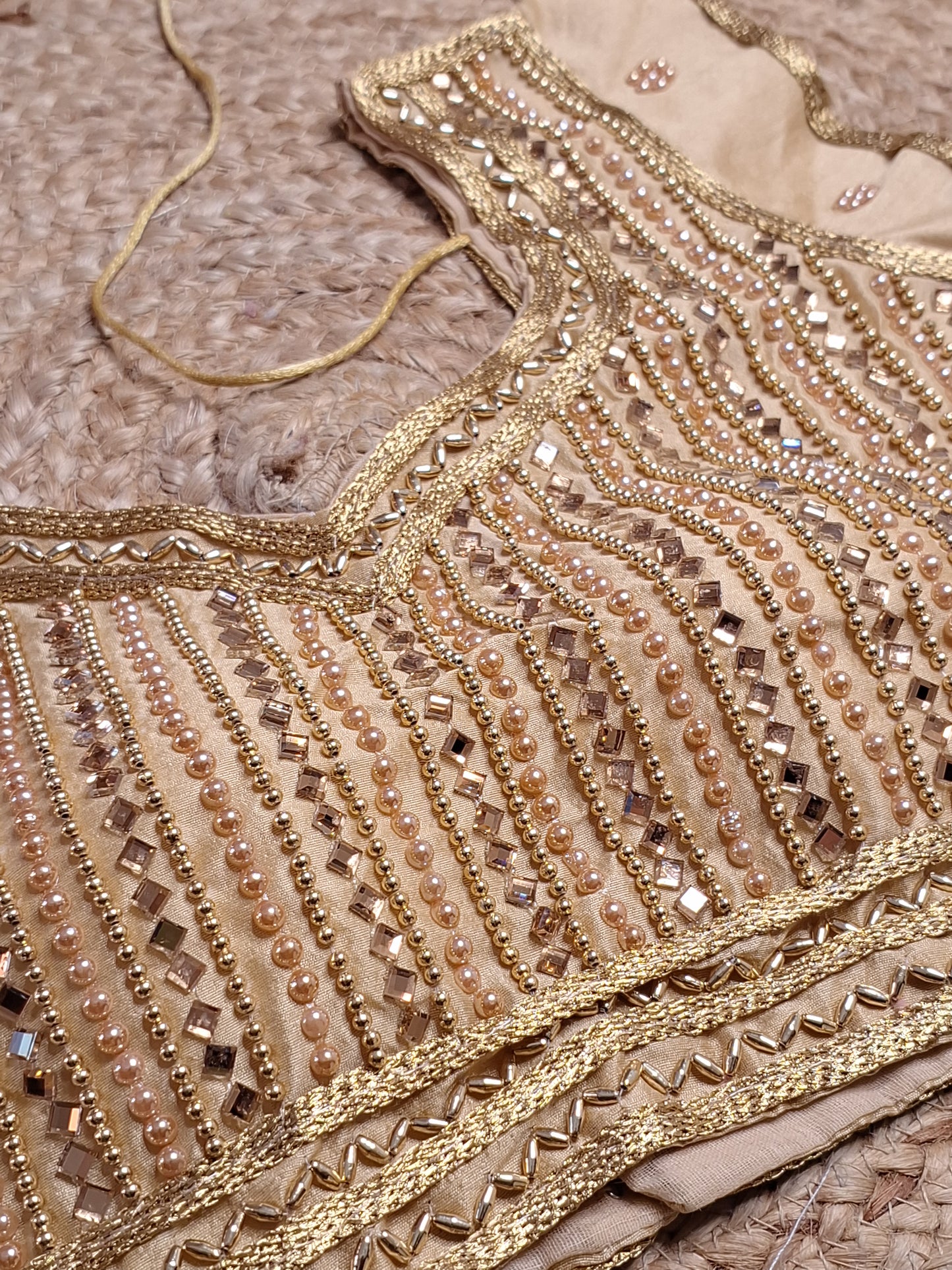 Golden Colour Designer Women Padded Blouse with Moti & Lace Work (36 Inch Bust Size with 1 Inch Margin both side, customer can alter as per their need)