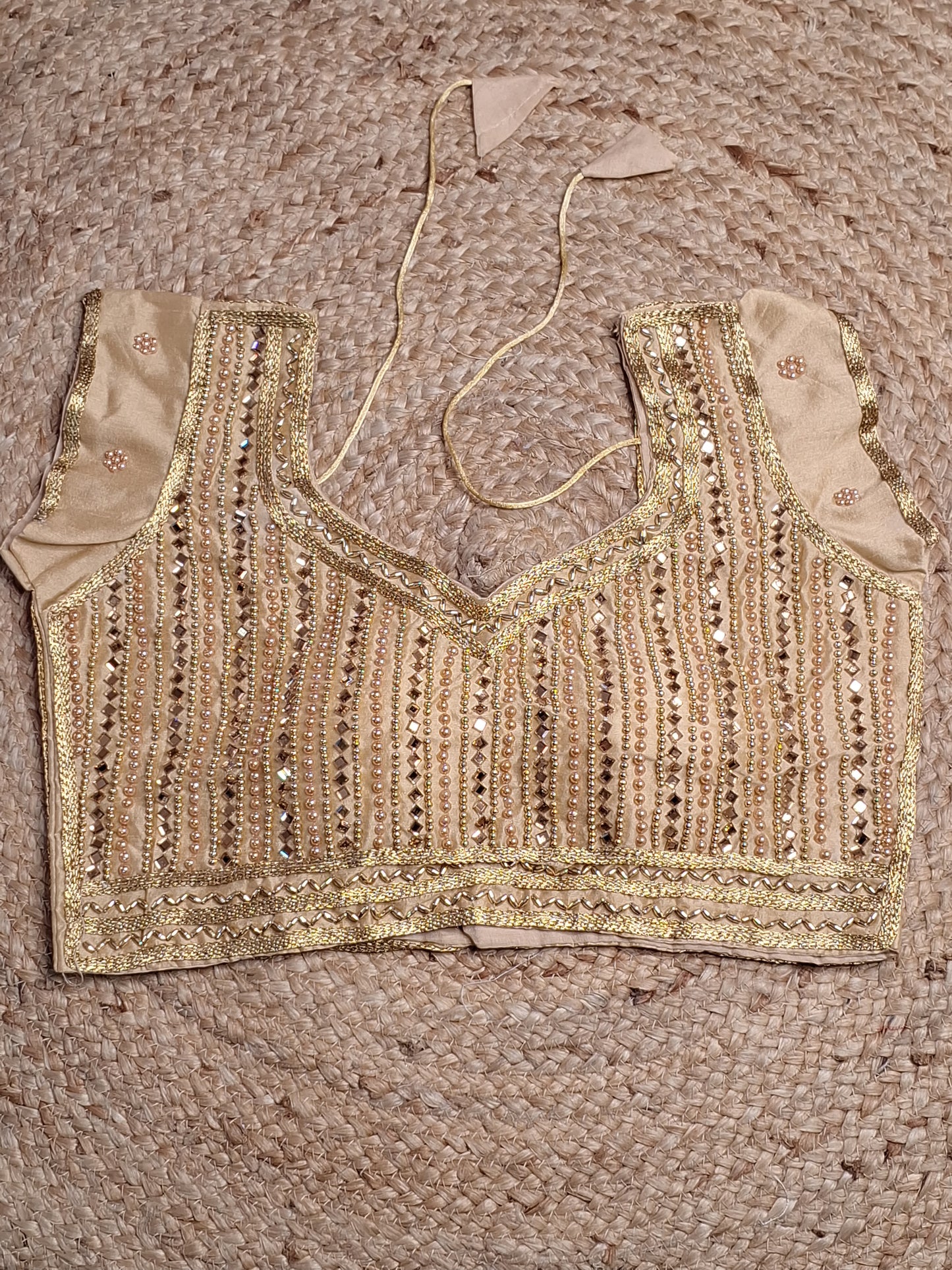 Golden Colour Designer Women Padded Blouse with Moti & Lace Work (36 Inch Bust Size with 1 Inch Margin both side, customer can alter as per their need)