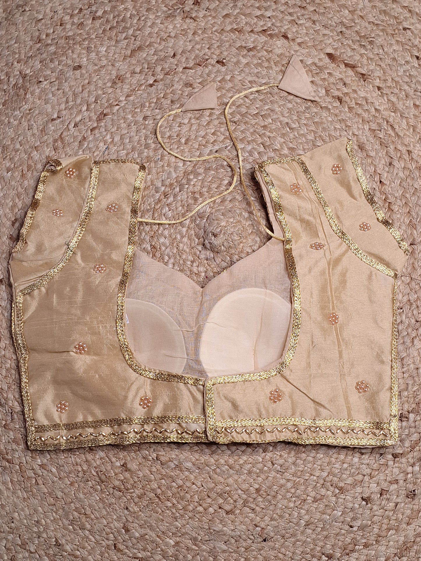 Golden Colour Designer Women Padded Blouse with Moti & Lace Work (36 Inch Bust Size with 1 Inch Margin both side, customer can alter as per their need)
