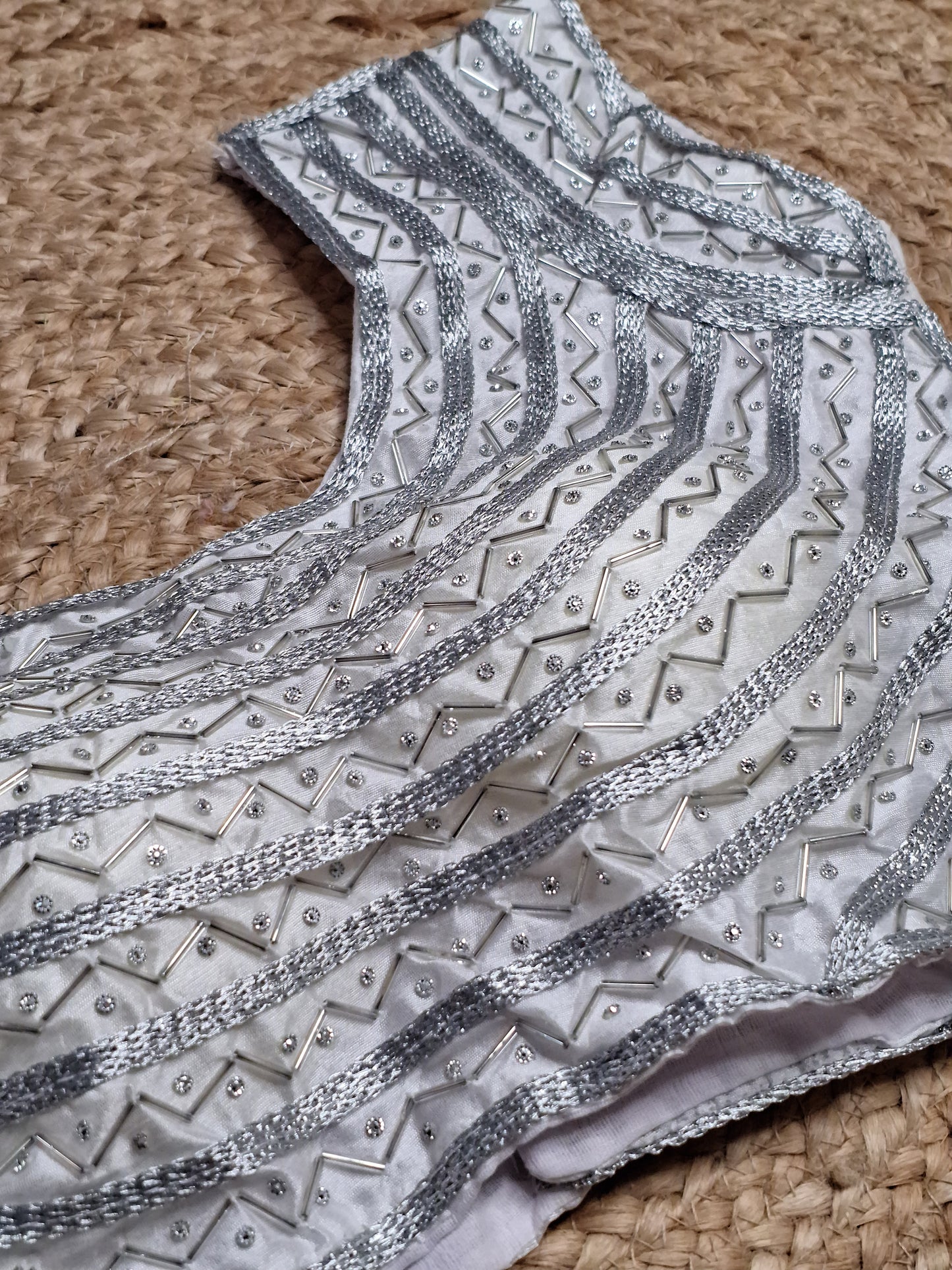 Silver Colour Designer Women Padded Blouse with Moti & Lace Work (36 Inch Bust Size with 1 Inch Margin both side, customer can alter as per their need)