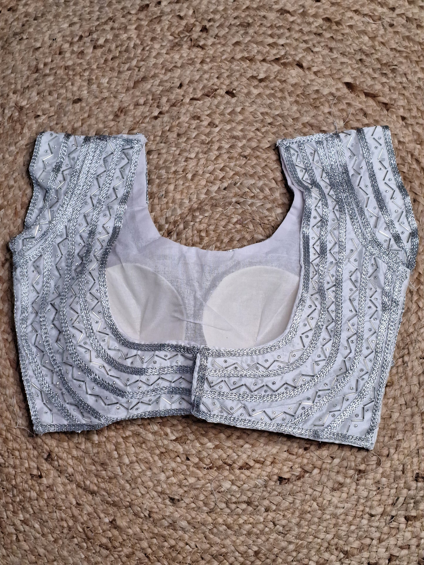 Silver Colour Designer Women Padded Blouse with Moti & Lace Work (36 Inch Bust Size with 1 Inch Margin both side, customer can alter as per their need)