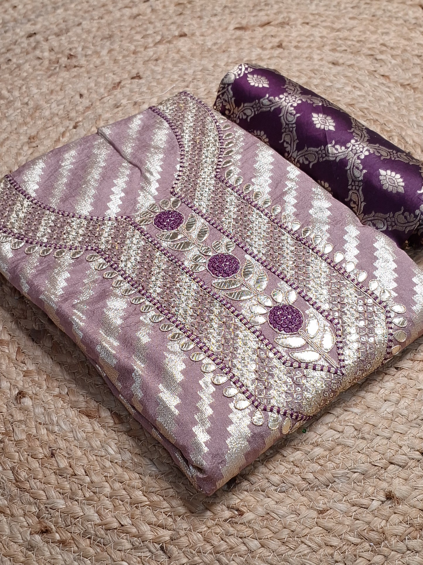 Mauve colour Gota Work with Banarasi Dupatta Unstitched Suit Fabric