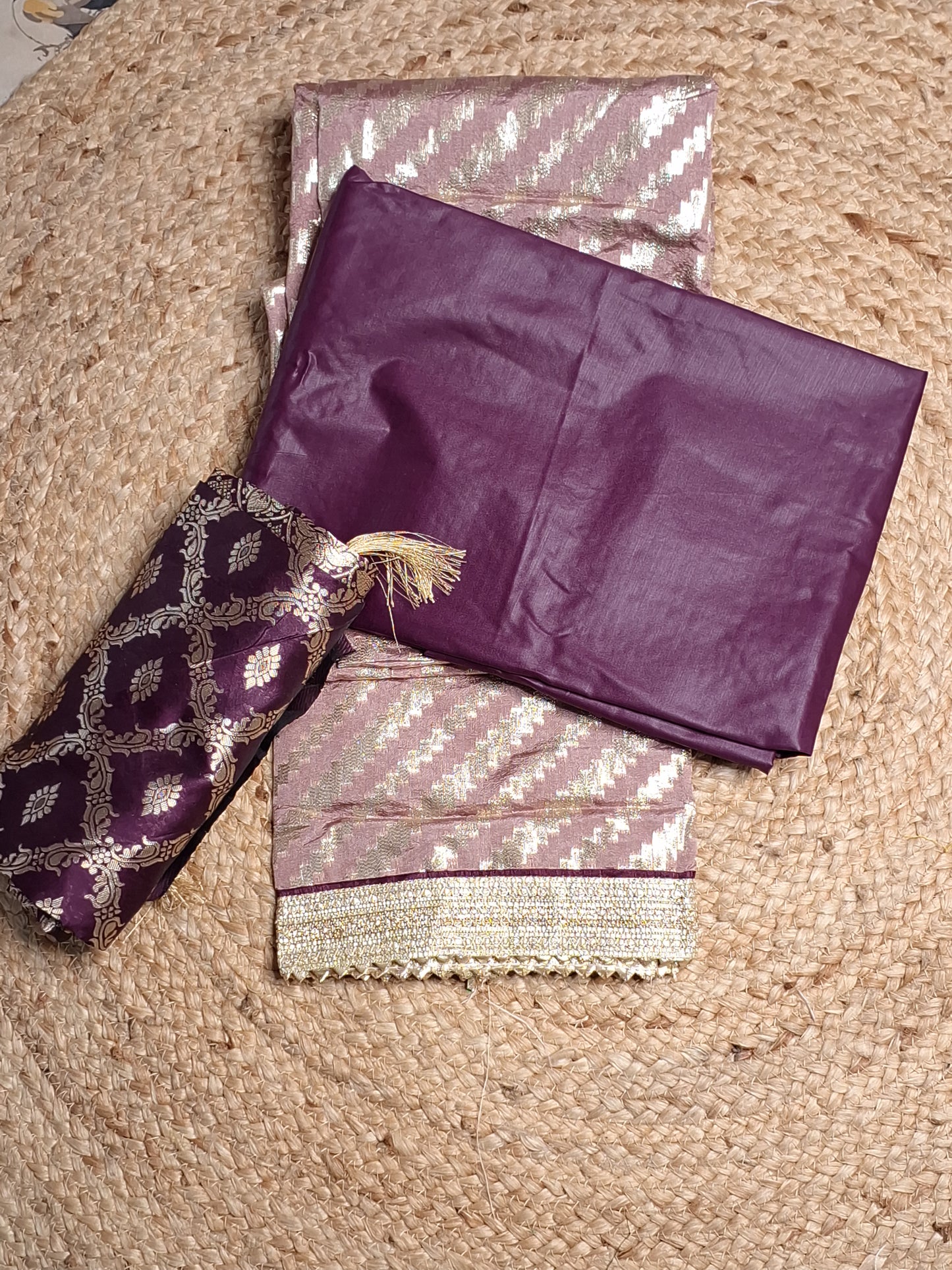 Mauve colour Gota Work with Banarasi Dupatta Unstitched Suit Fabric