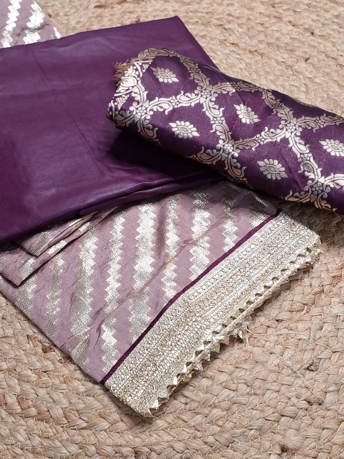 Mauve colour Gota Work with Banarasi Dupatta Unstitched Suit Fabric