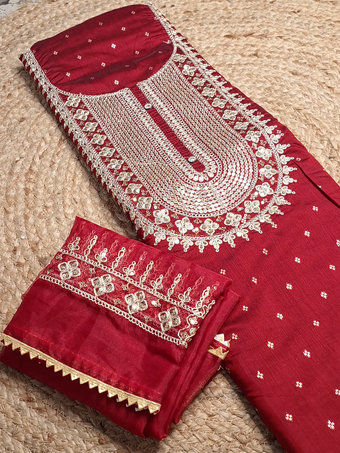 Maroon Colour Unstitched Suit Fabric with Zari & Sequence Work with Dupatta