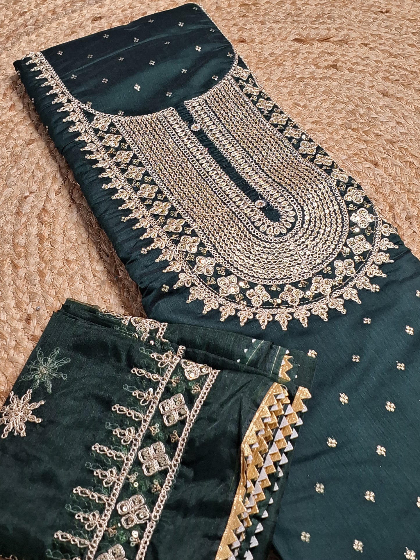 Dark Green Colour Unstitched Suit Silk Fabric with Zari & Sequence Work with Dupatta
