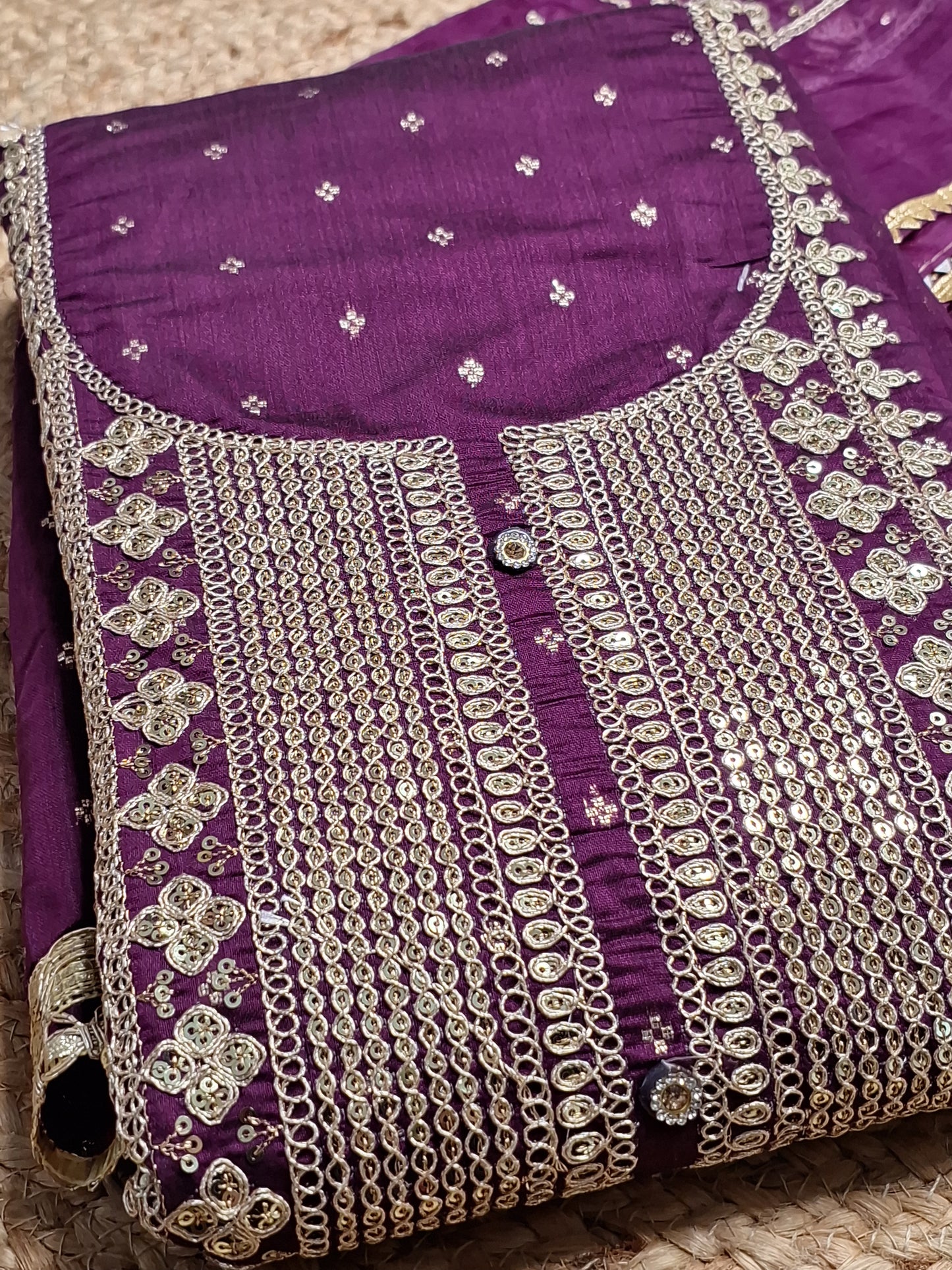 Purple Colour Unstitched Suit Silk Fabric with Zari & Sequence Work with Dupatta