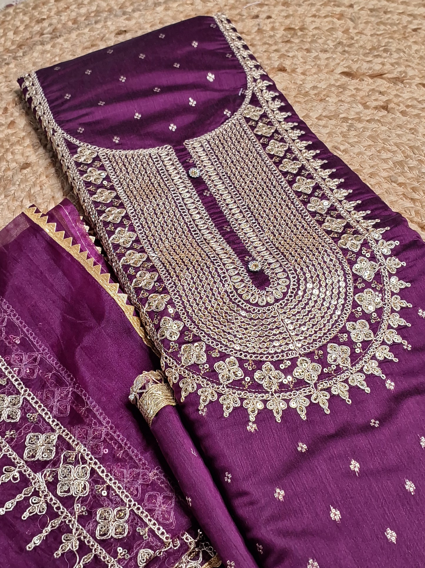 Purple Colour Unstitched Suit Silk Fabric with Zari & Sequence Work with Dupatta