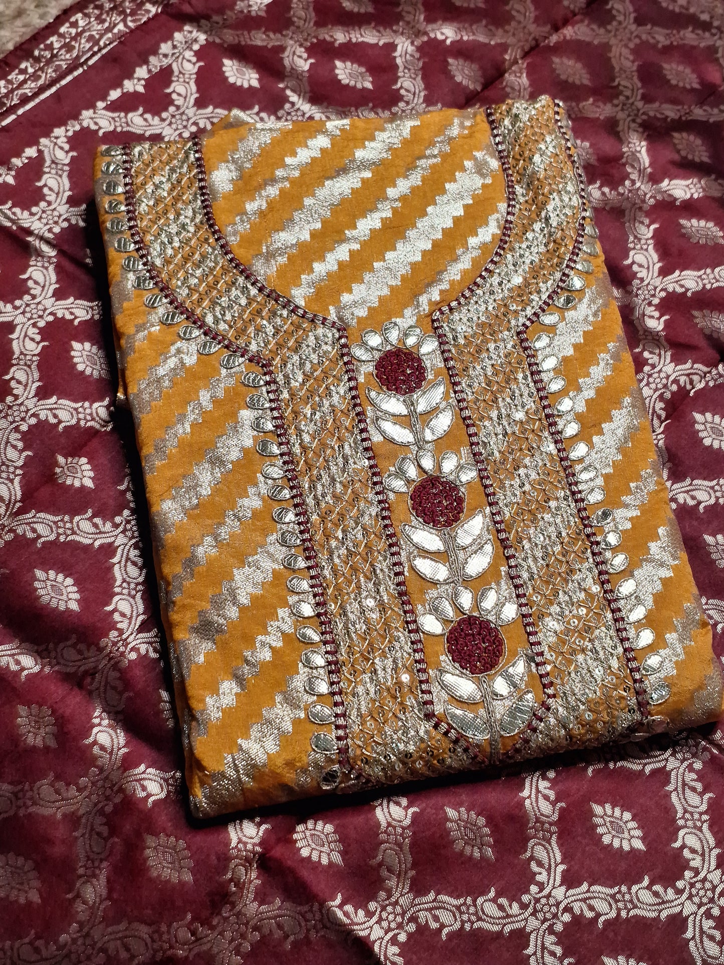 Mustard Colour Gota Work with Banarasi Dupatta Unstitched Suit Fabric