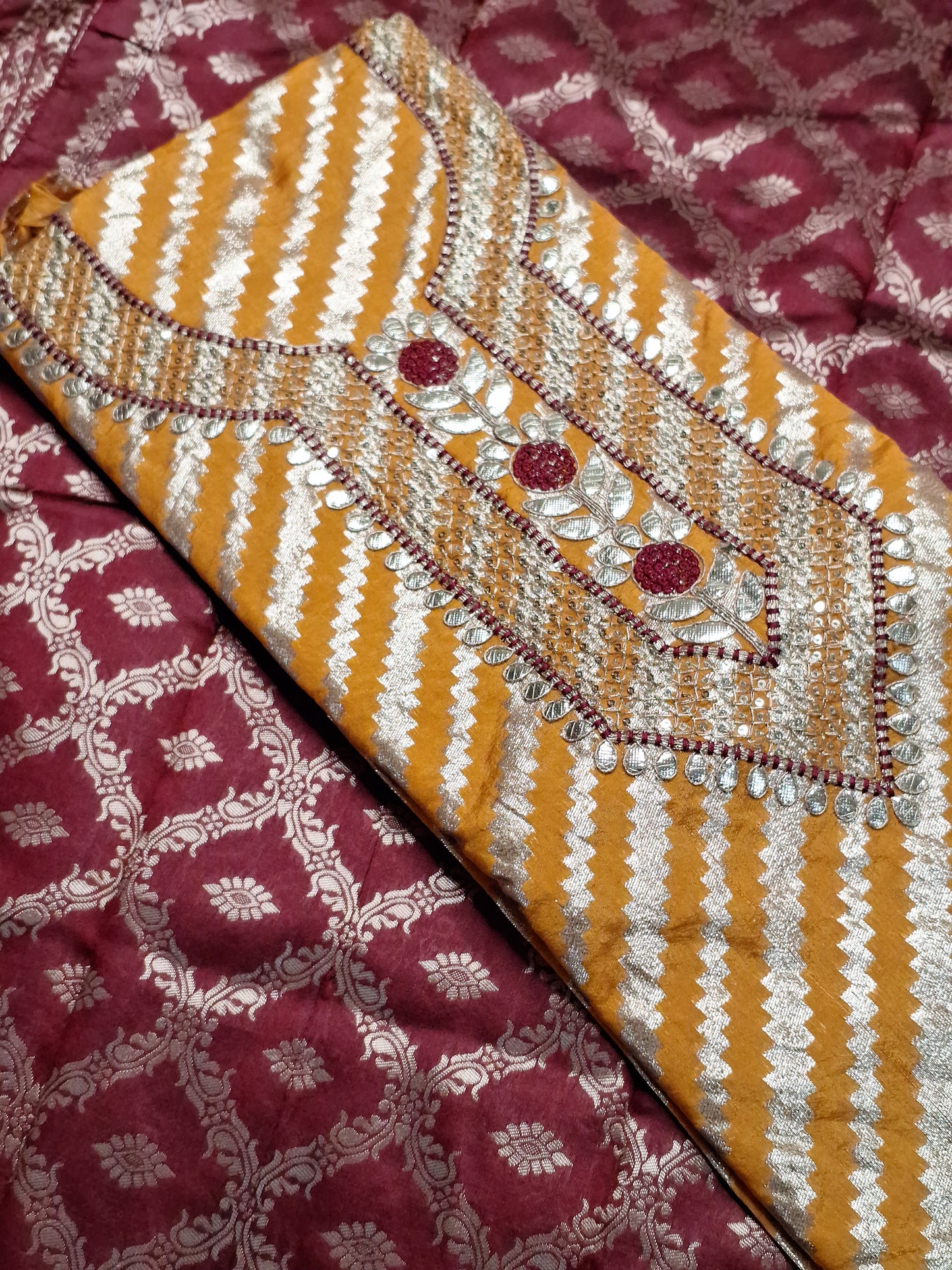 Mustard Colour Gota Work with Banarasi Dupatta Unstitched Suit Fabric