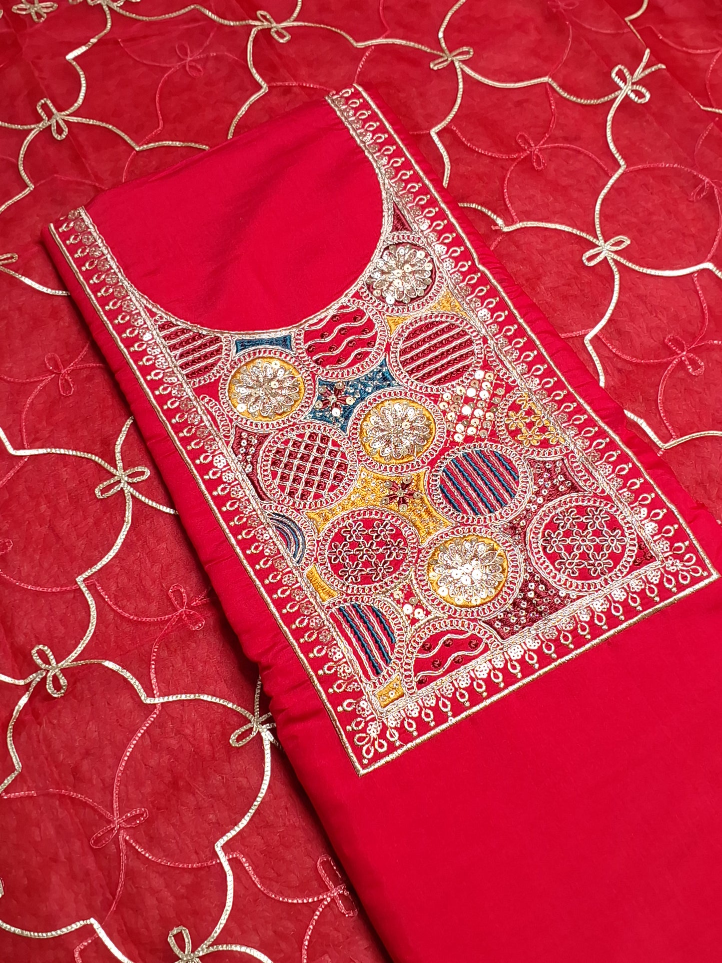 Red Colour Unstitched Suit Silk Fabric with Zari & Sequence Work with Dupatta