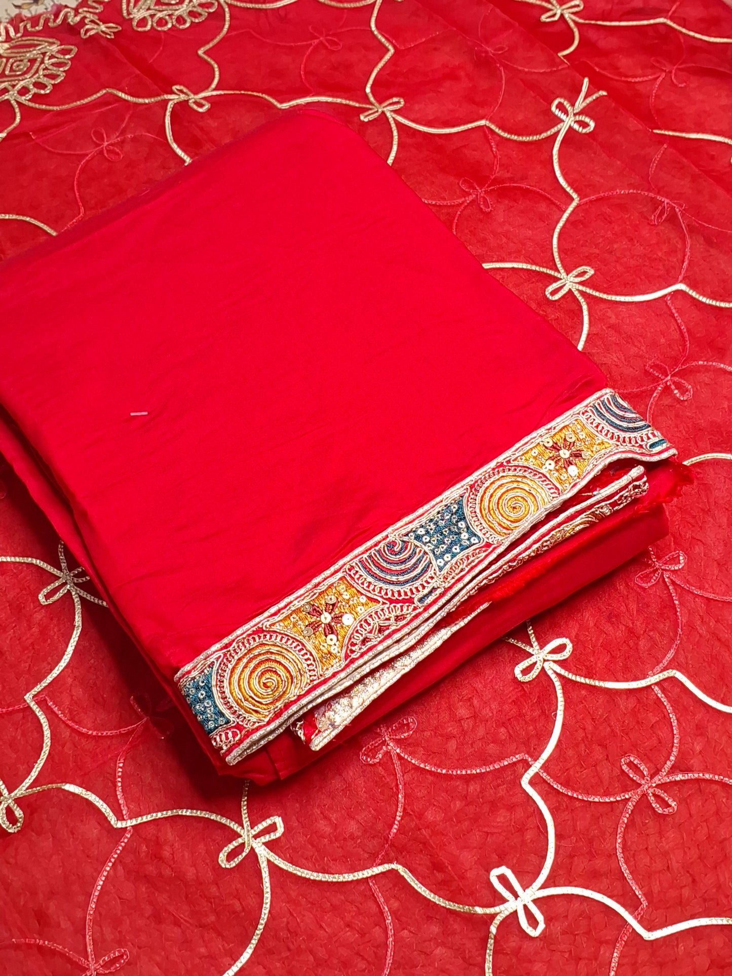 Red Colour Unstitched Suit Silk Fabric with Zari & Sequence Work with Dupatta