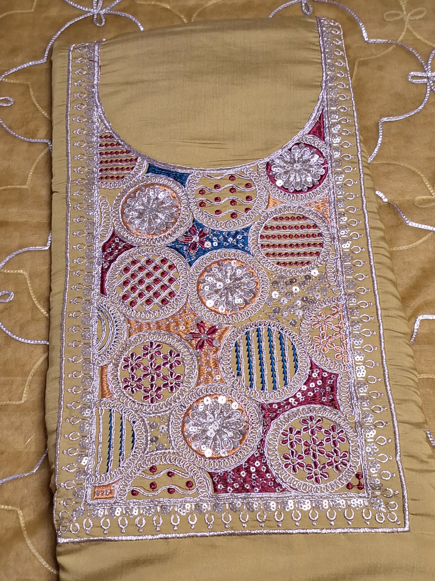 Olive Colour Unstitched Suit Silk Fabric with Zari & Sequence Work with Dupatta