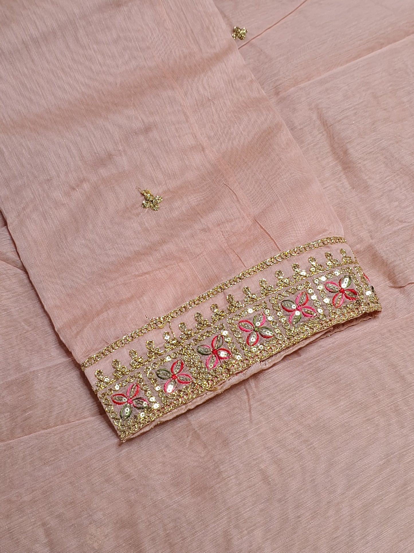 Peach Colour Chanderi Cotton Zari Work Unstitched Suit Fabric with Dupatta