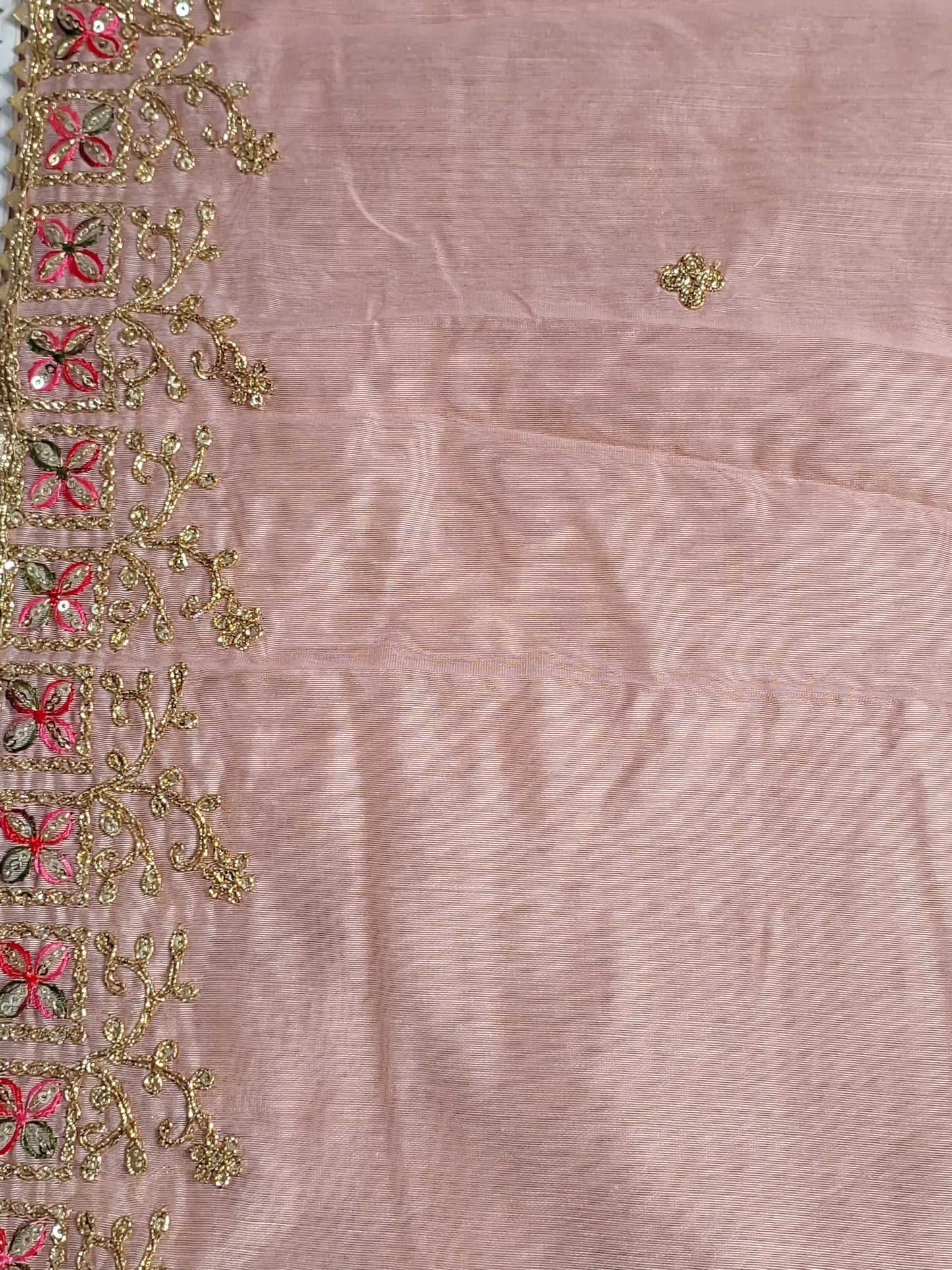 Peach Colour Chanderi Cotton Zari Work Unstitched Suit Fabric with Dupatta