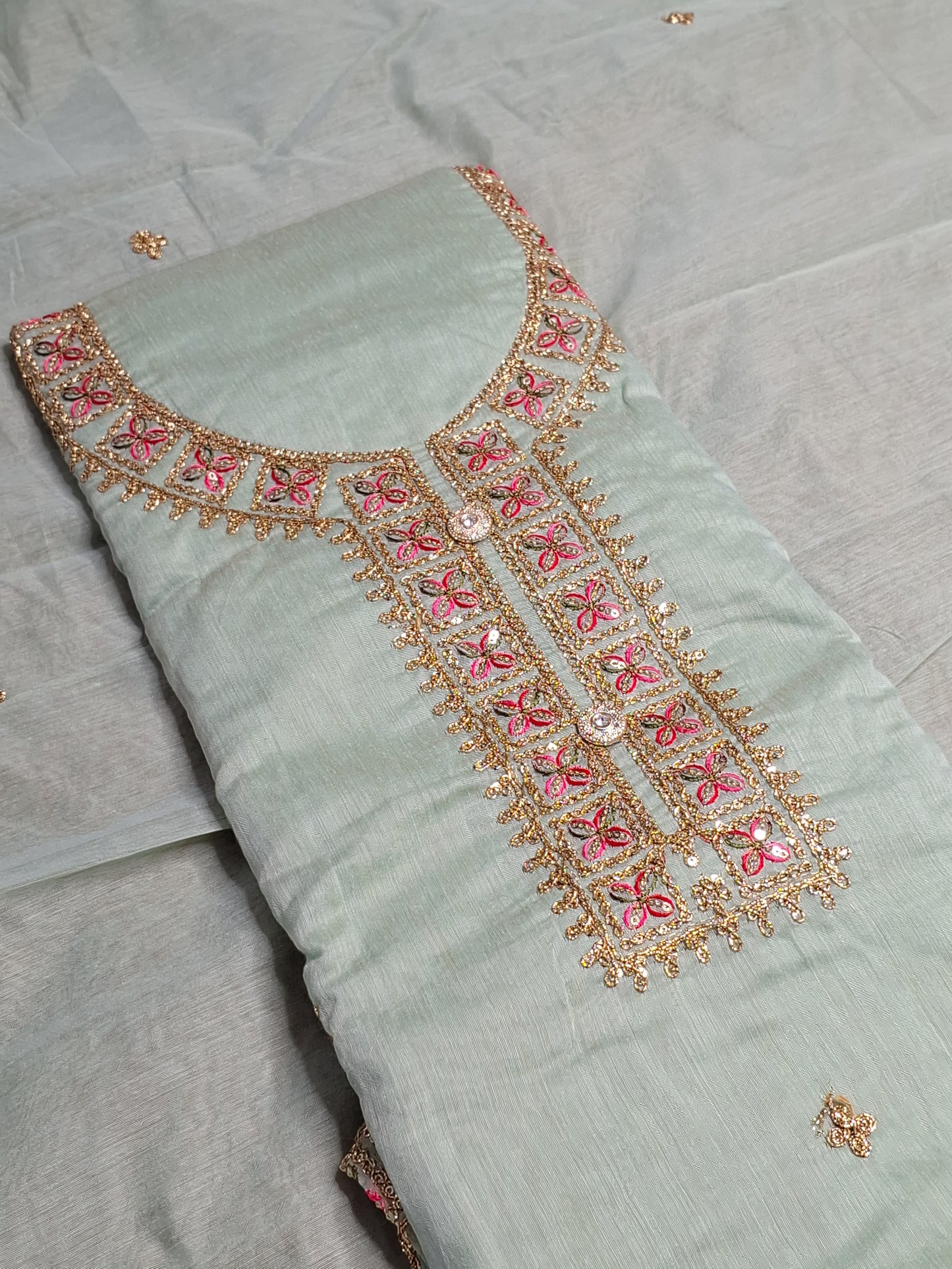 Pista Green Colour Chanderi Cotton Zari Work Unstitched Suit Fabric with Dupatta