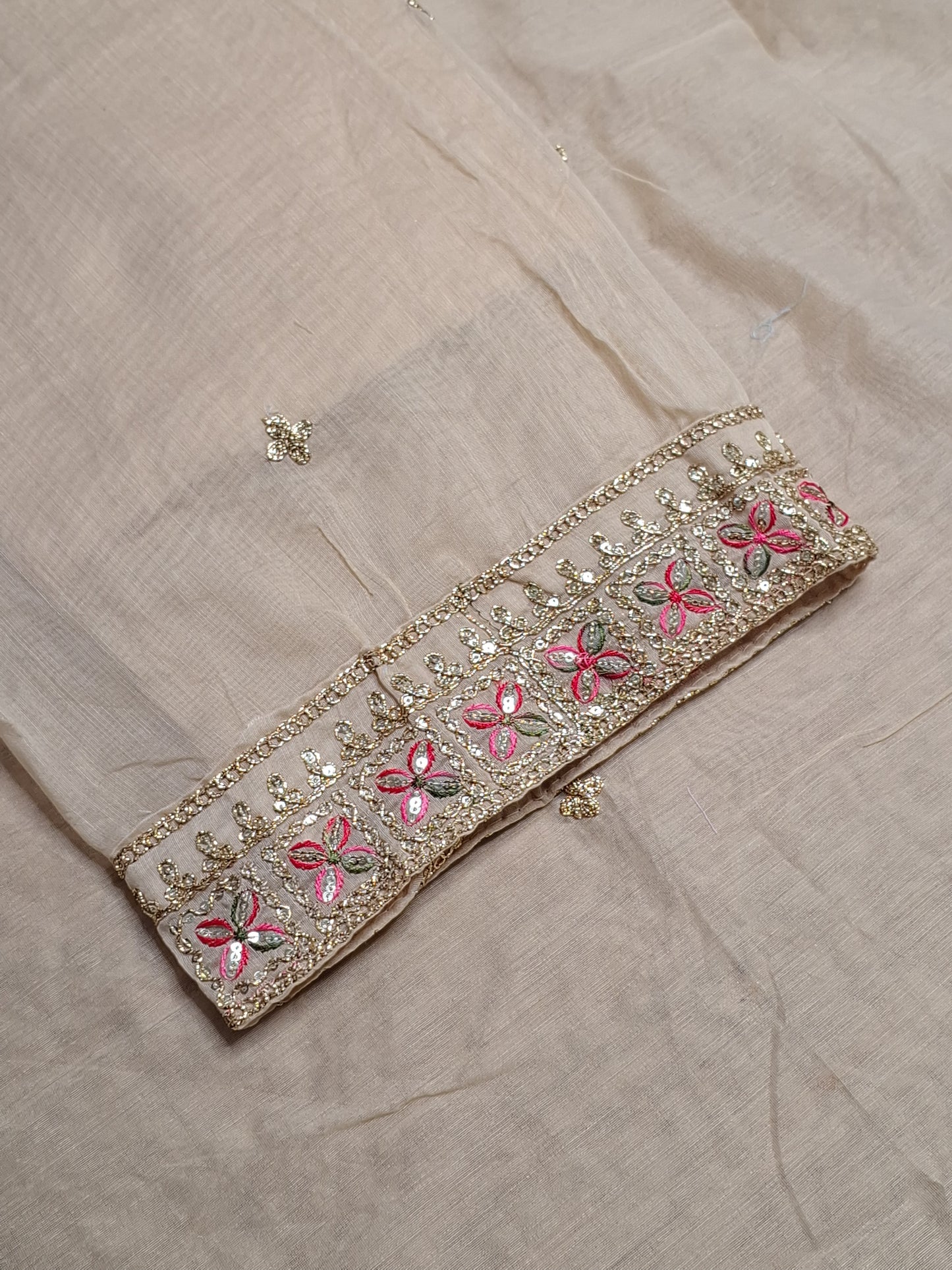 Beige Colour Chanderi Cotton Zari Work Unstitched Suit Fabric with Dupatta