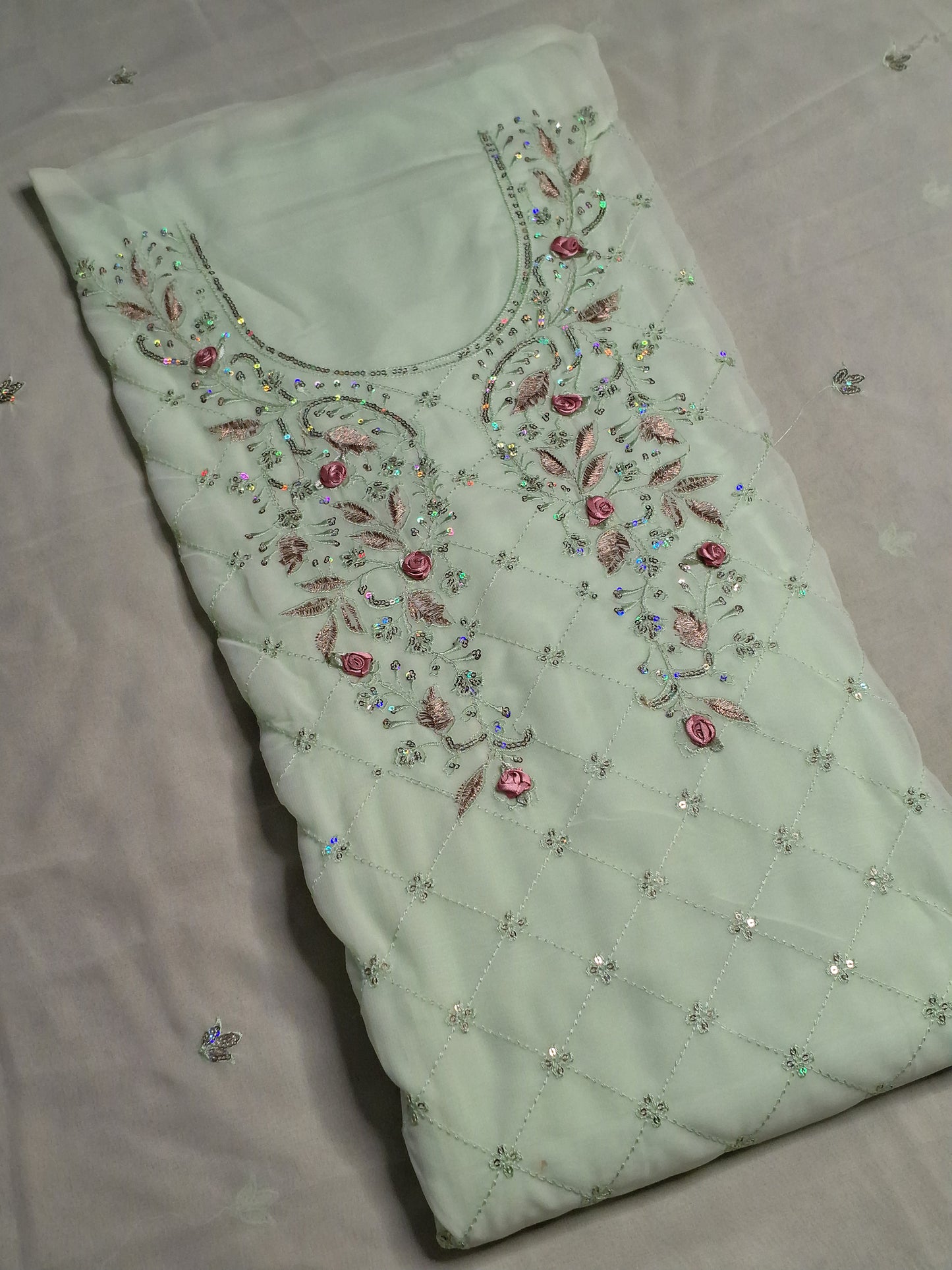 Pista Green Colour Thread & Sequence Work Unstitched Suit Fabric with Dupatta