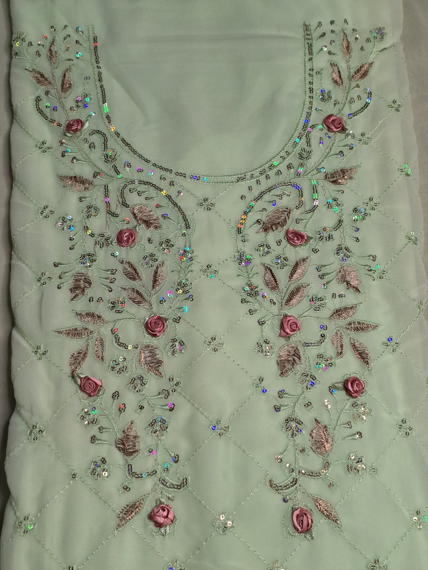 Pista Green Colour Thread & Sequence Work Unstitched Suit Fabric with Dupatta