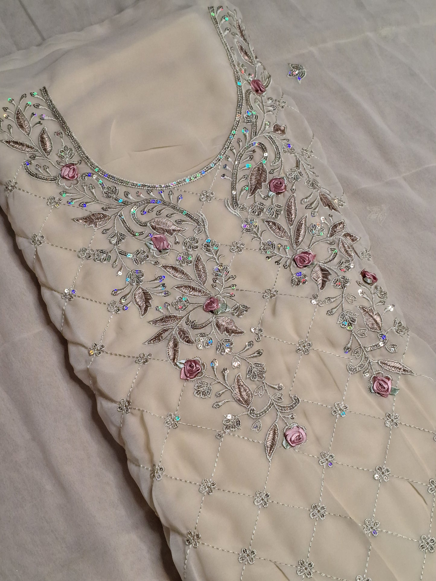 Beige Colour Thread & Sequence Work Unstitched Suit Fabric with Dupatta