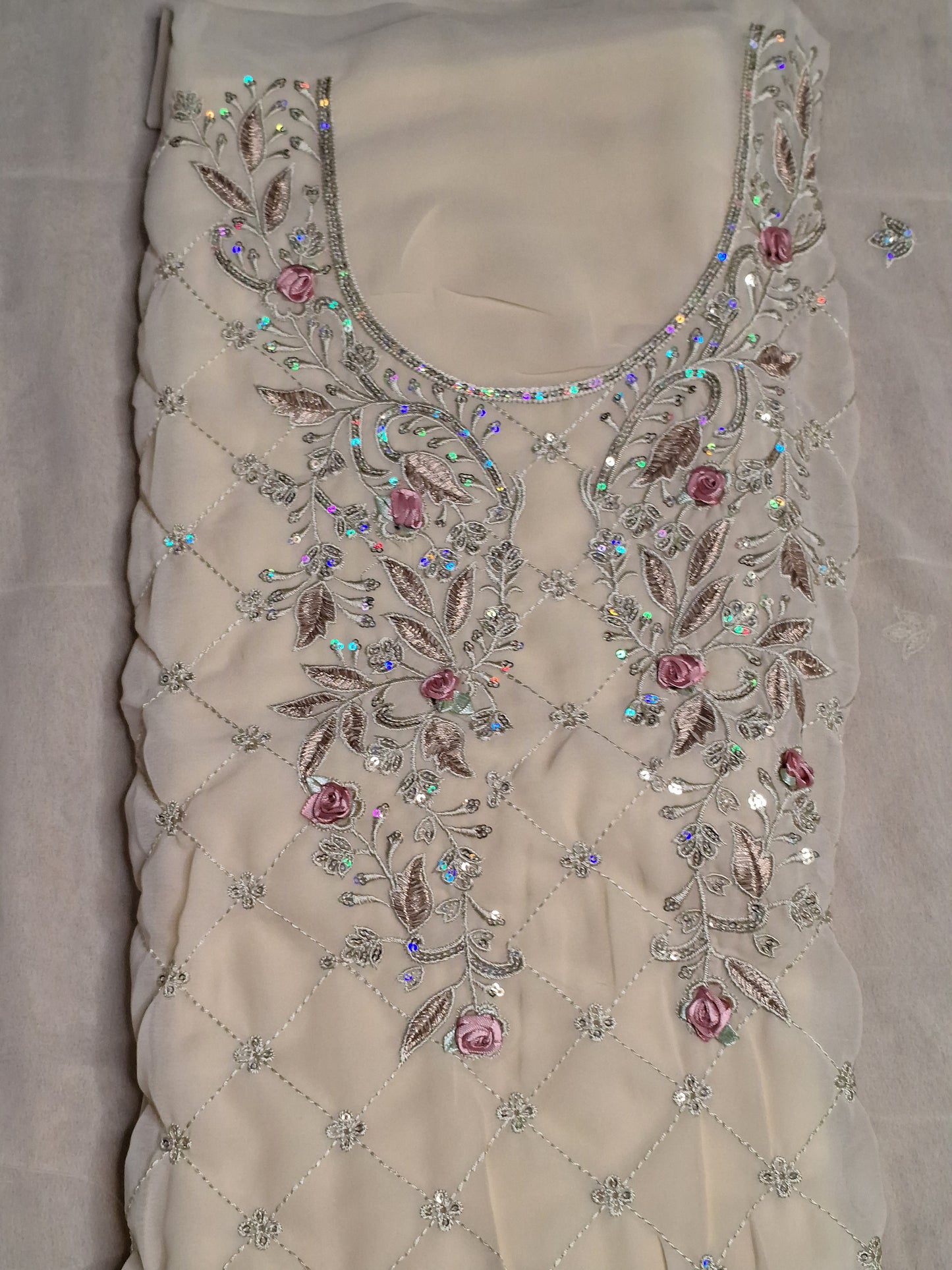 Beige Colour Thread & Sequence Work Unstitched Suit Fabric with Dupatta