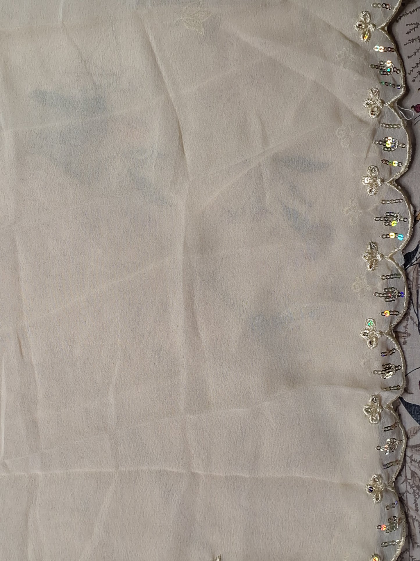 Beige Colour Thread & Sequence Work Unstitched Suit Fabric with Dupatta