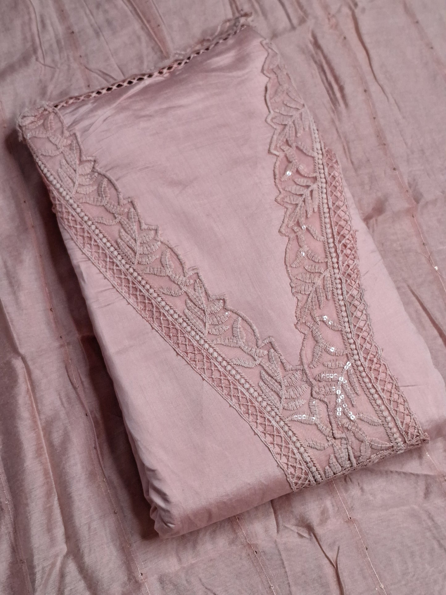 Peach Colour Thread & Lace Work V Neck Unstitched Suit Cotton Fabric with Dupatta