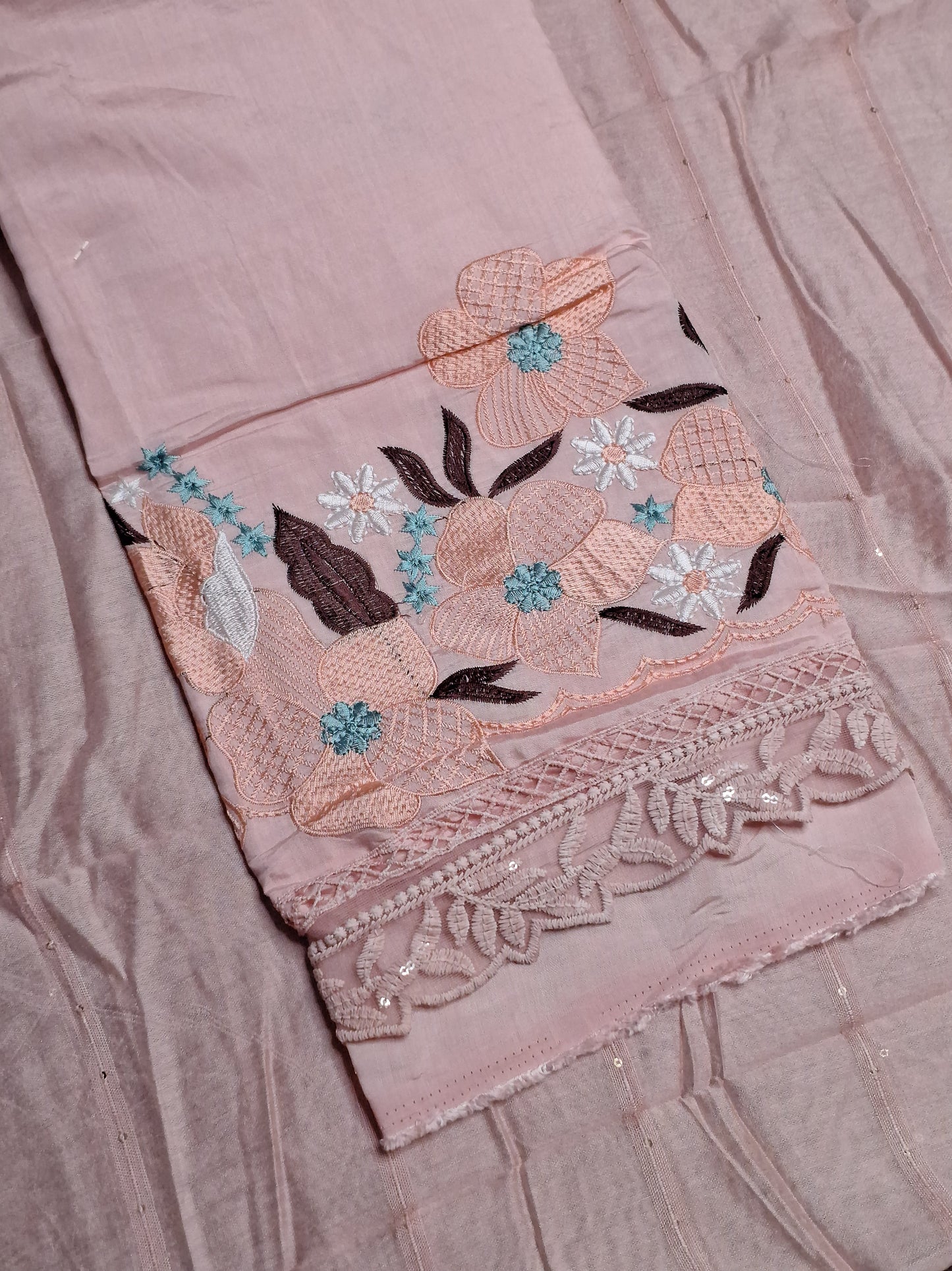 Peach Colour Thread & Lace Work V Neck Unstitched Suit Cotton Fabric with Dupatta