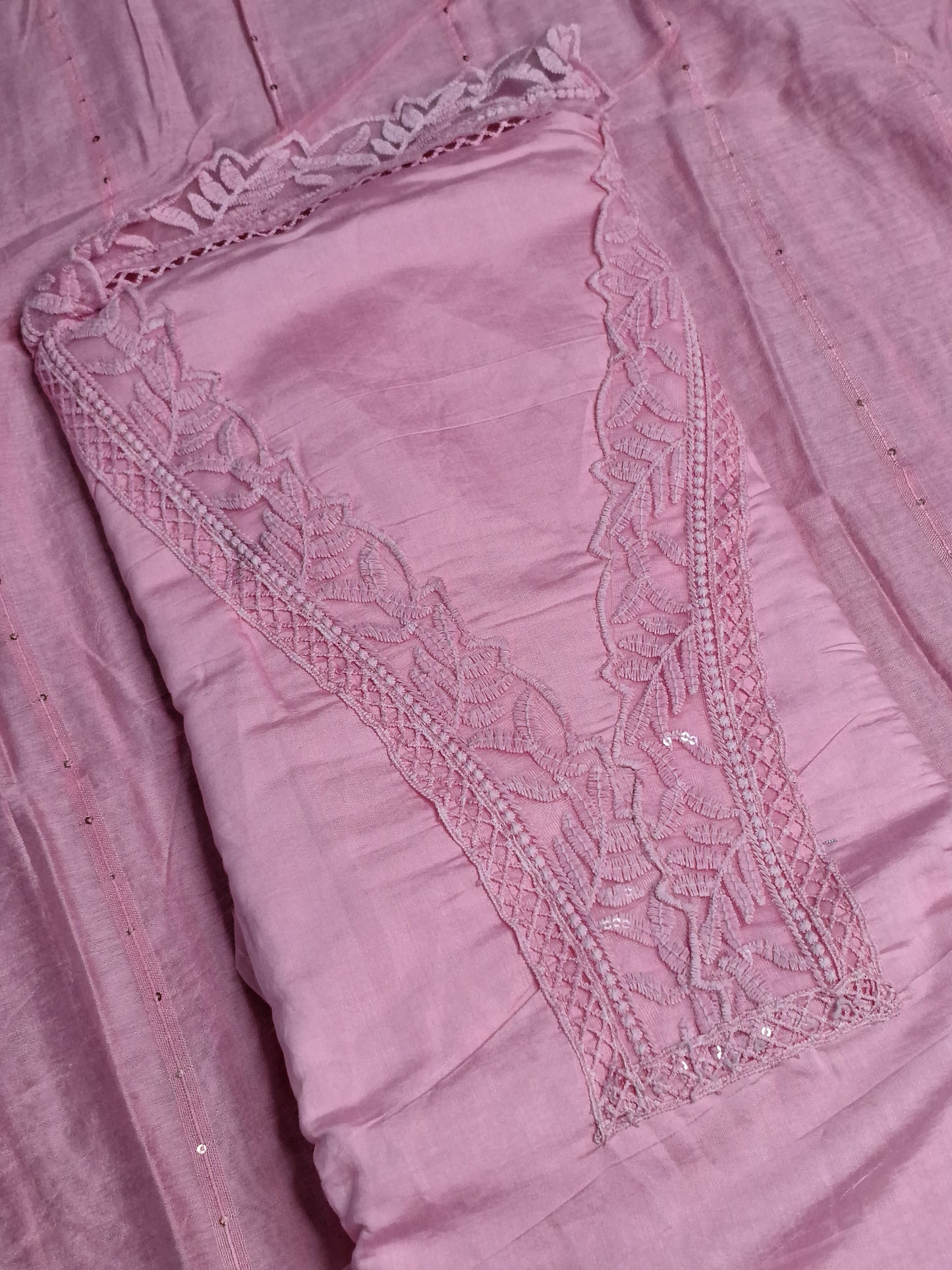 Pink Colour Thread & Lace Work V Neck Unstitched Suit Cotton Fabric with Dupatta