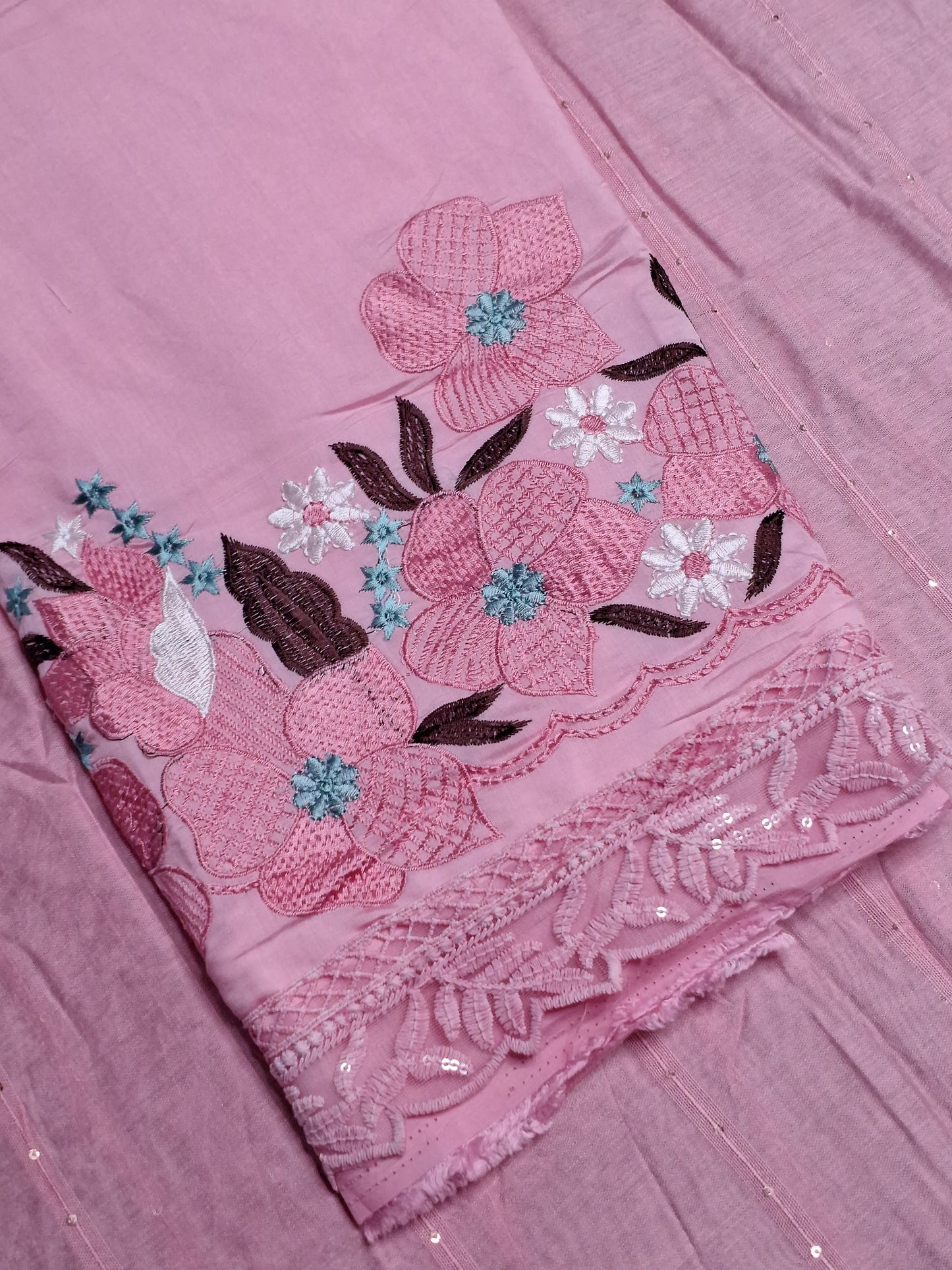 Pink Colour Thread & Lace Work V Neck Unstitched Suit Cotton Fabric with Dupatta