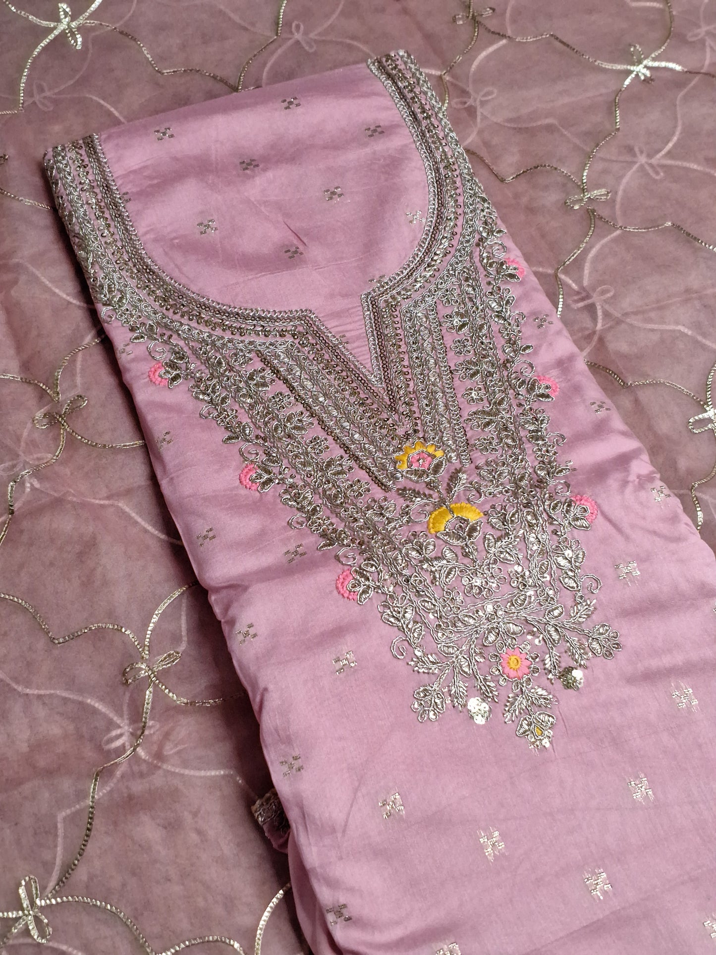 Pink Colour Gota Work Unstitched Suit Organza Fabric with Dupatta