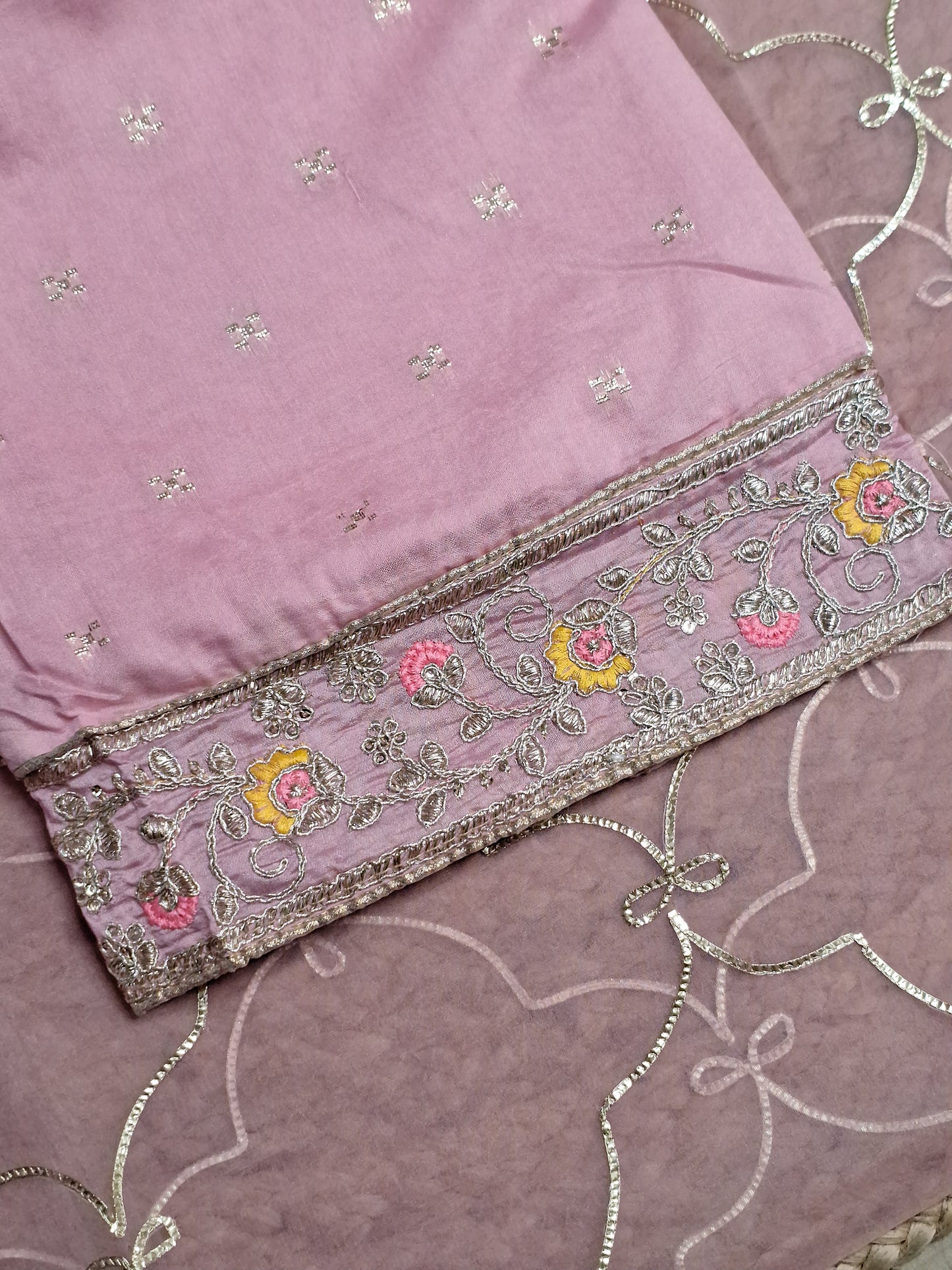 Pink Colour Gota Work Unstitched Suit Organza Fabric with Dupatta