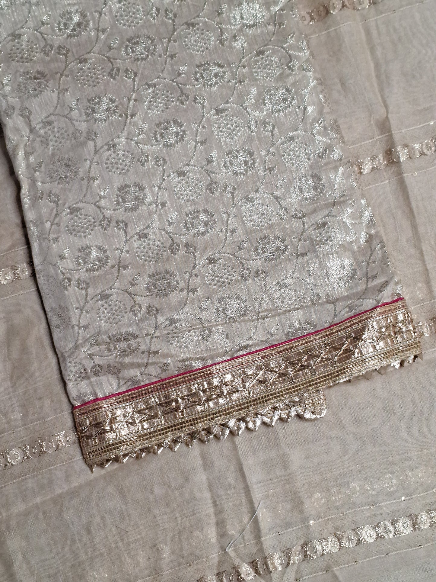 Golden Colour Gota & Thread Work Unstitched Suit Banarasi Fabric with Dupatta