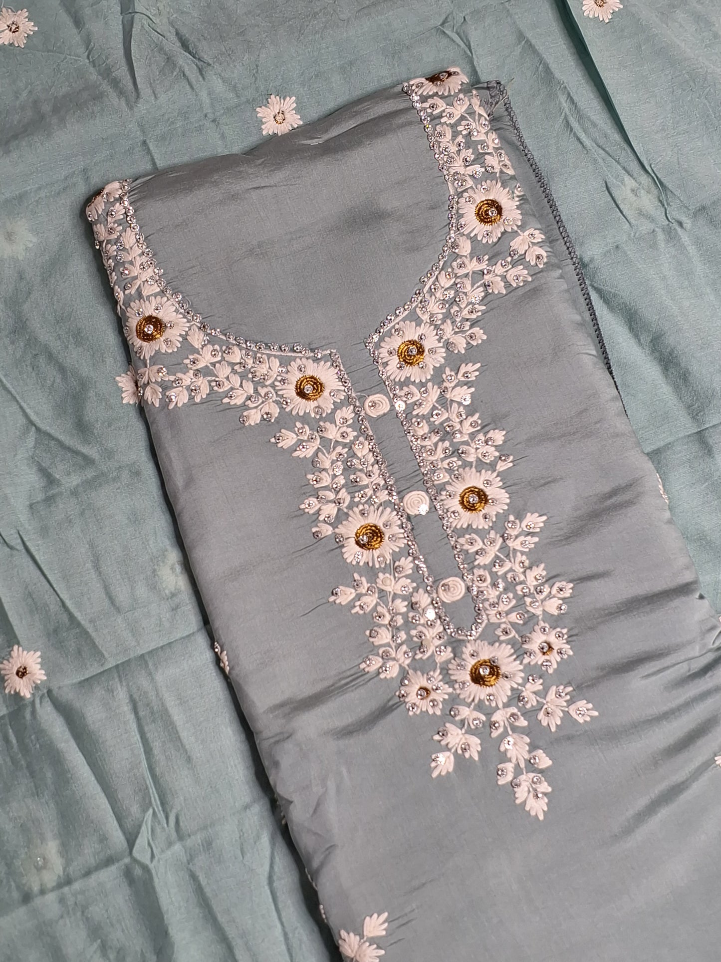 Mint Green Colour Thread Work Unstitched Suit Fabric with Dupatta